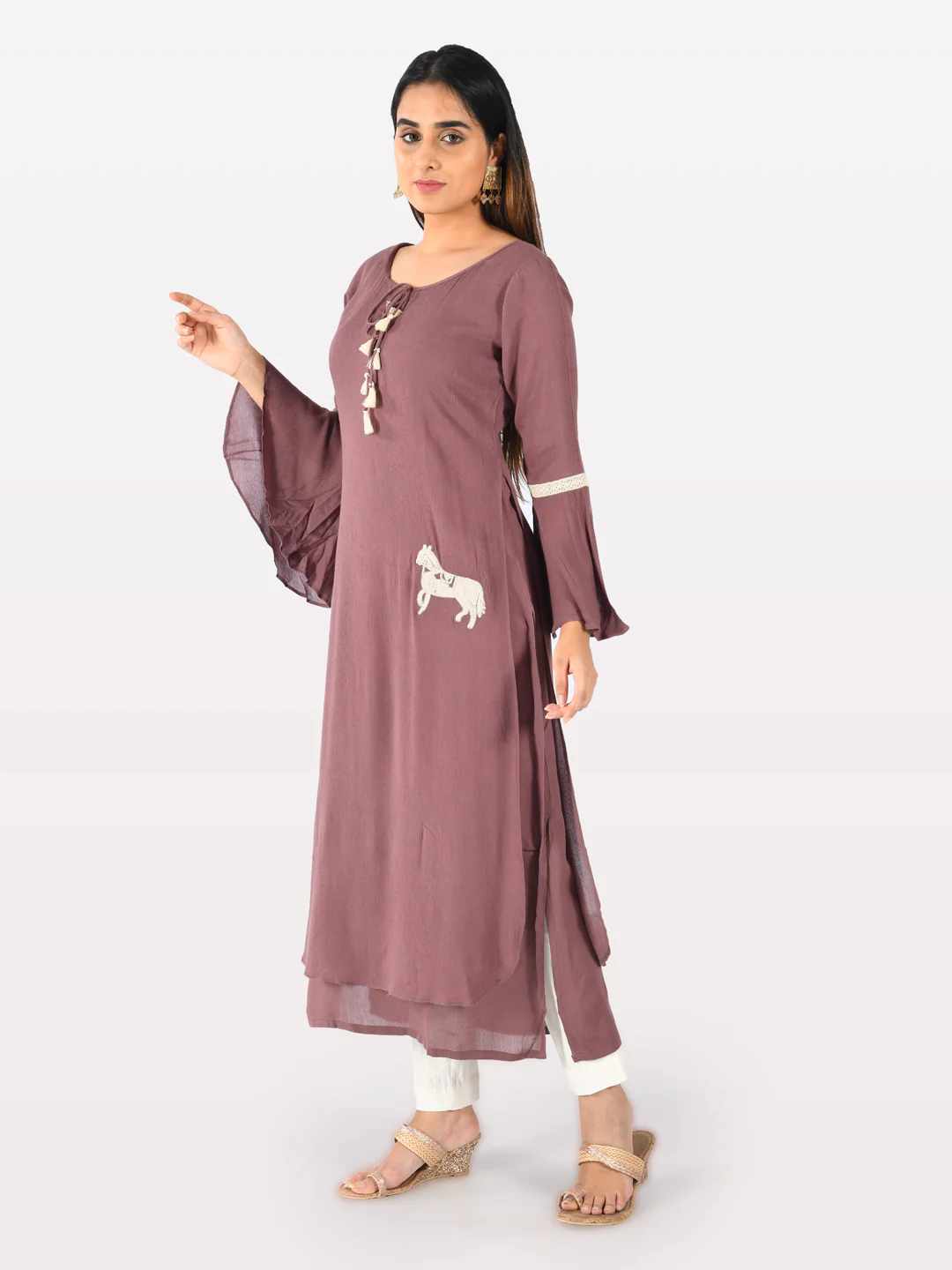 Neerus Mauve Printed Straight Double Layered Kurta - Image 5