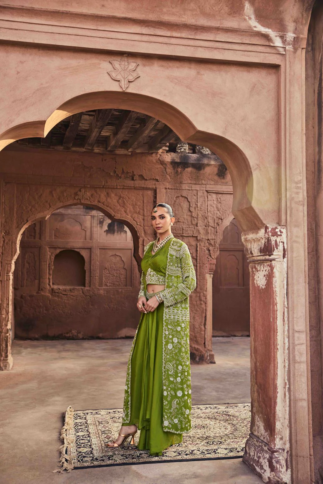 Neerus Mehadi Green Beads and Stones Chinon Fabric Ghagra Set - Image 2