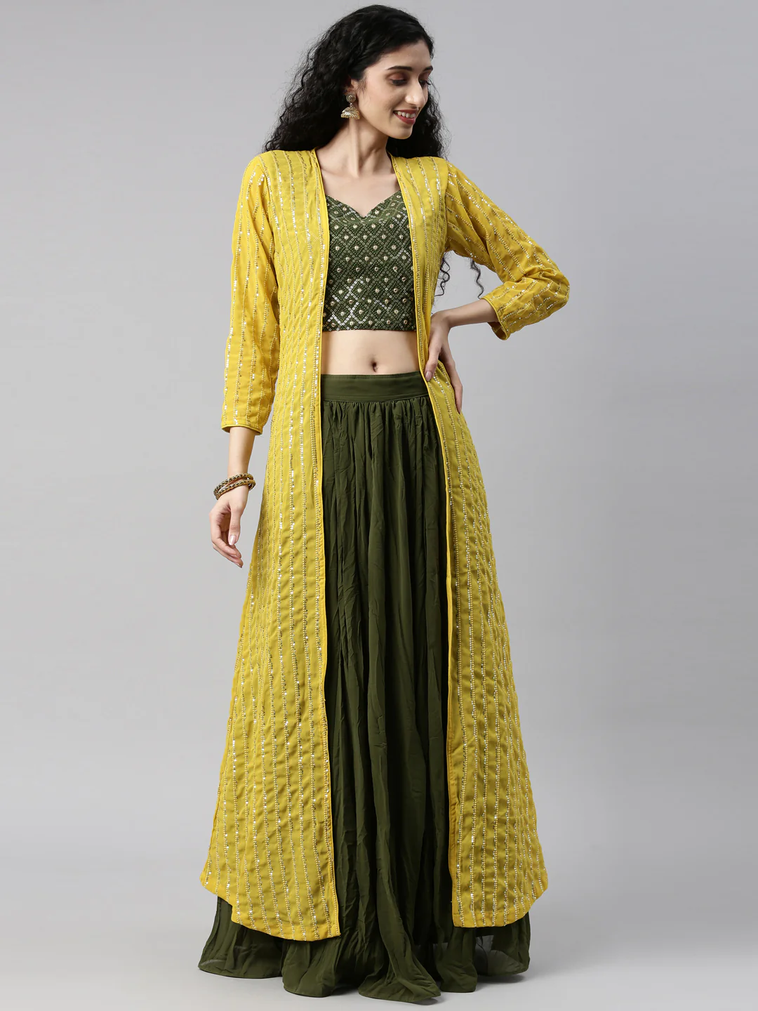 Neerus Mehadi Green Color Georgette Fabric Suit Set