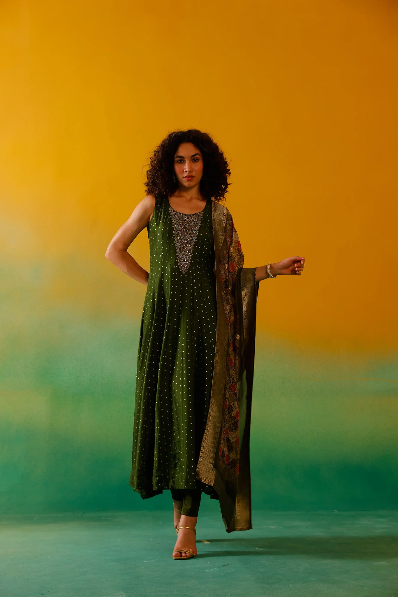 Neerus Mehadi Green Embroidery Chinon Fabric Anarkali Trouser and Dupatta. - Image 2