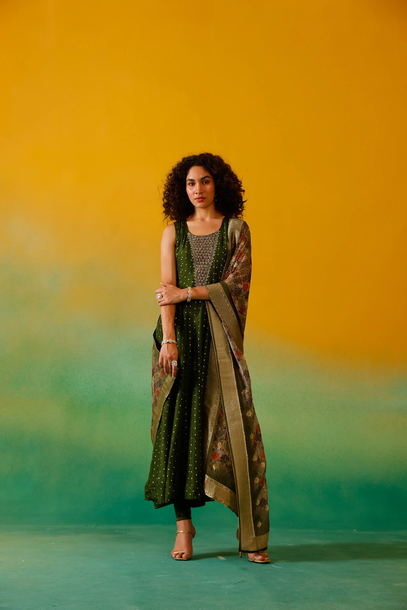 Neerus Mehadi Green Embroidery Chinon Fabric Anarkali Trouser and Dupatta. - Image 3