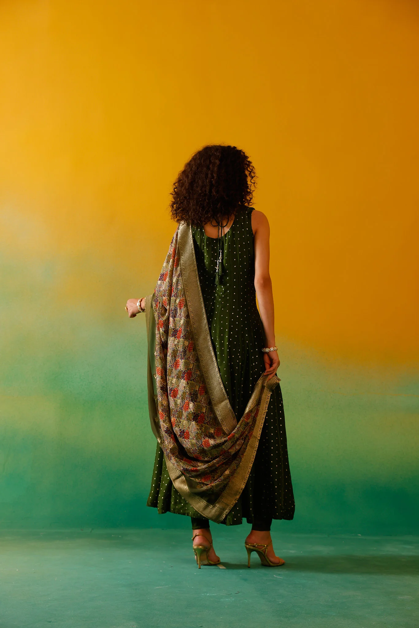 Neerus Mehadi Green Embroidery Chinon Fabric Anarkali Trouser and Dupatta. - Image 4