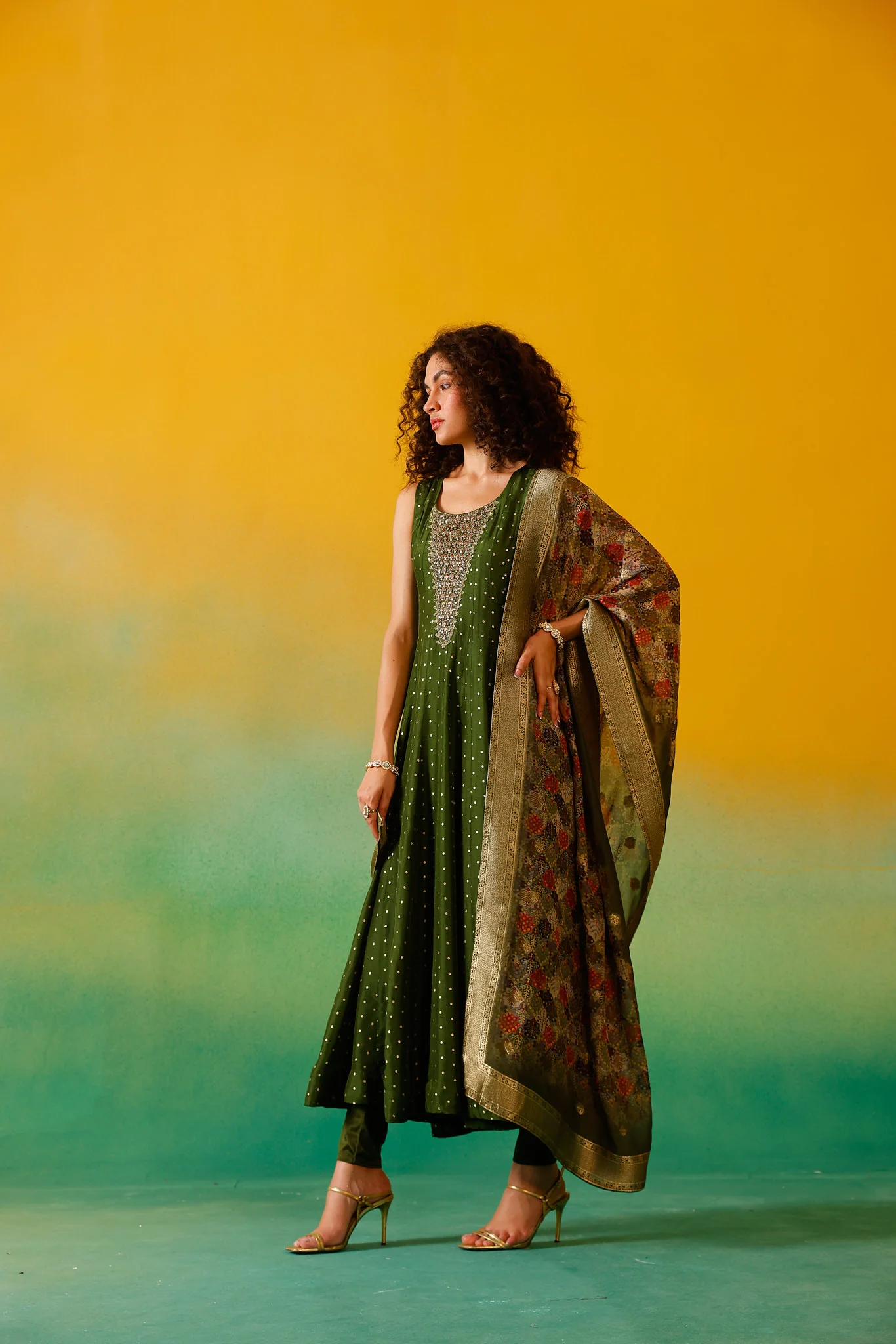 Neerus Mehadi Green Embroidery Chinon Fabric Anarkali Trouser and Dupatta. - Image 7