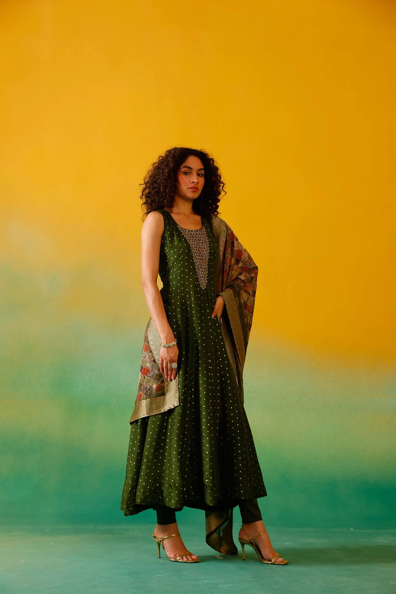 Neerus Mehadi Green Embroidery Chinon Fabric Anarkali Trouser and Dupatta. - Image 9