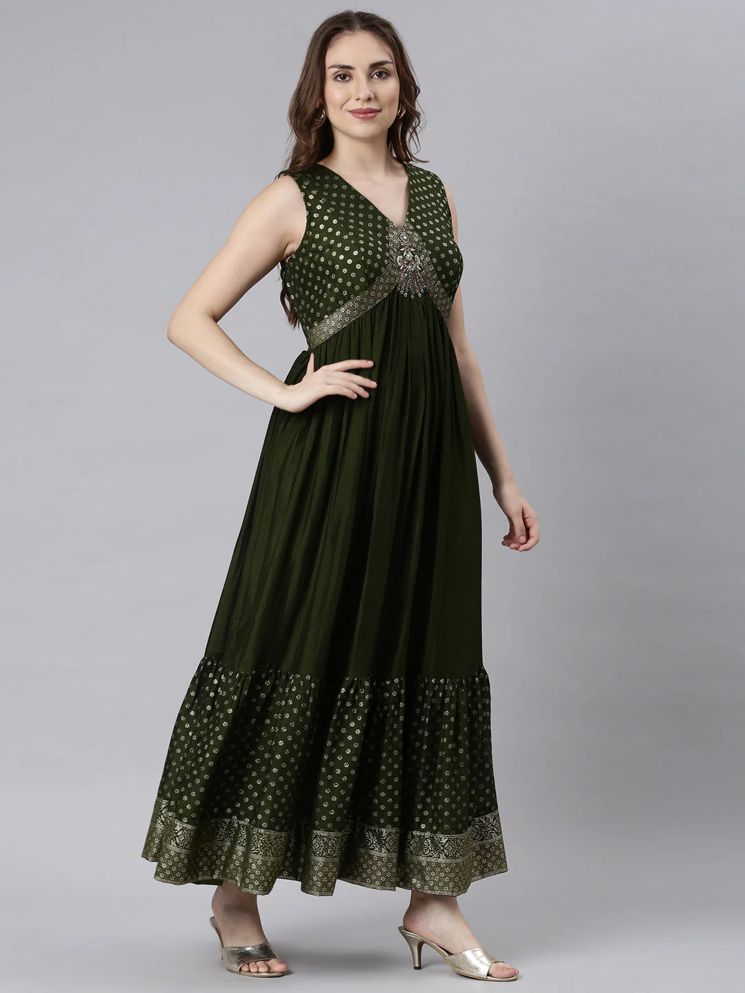 Neerus Mehadi Green Flared Casual Ethnic Motifs Maxi Dresses - Image 3
