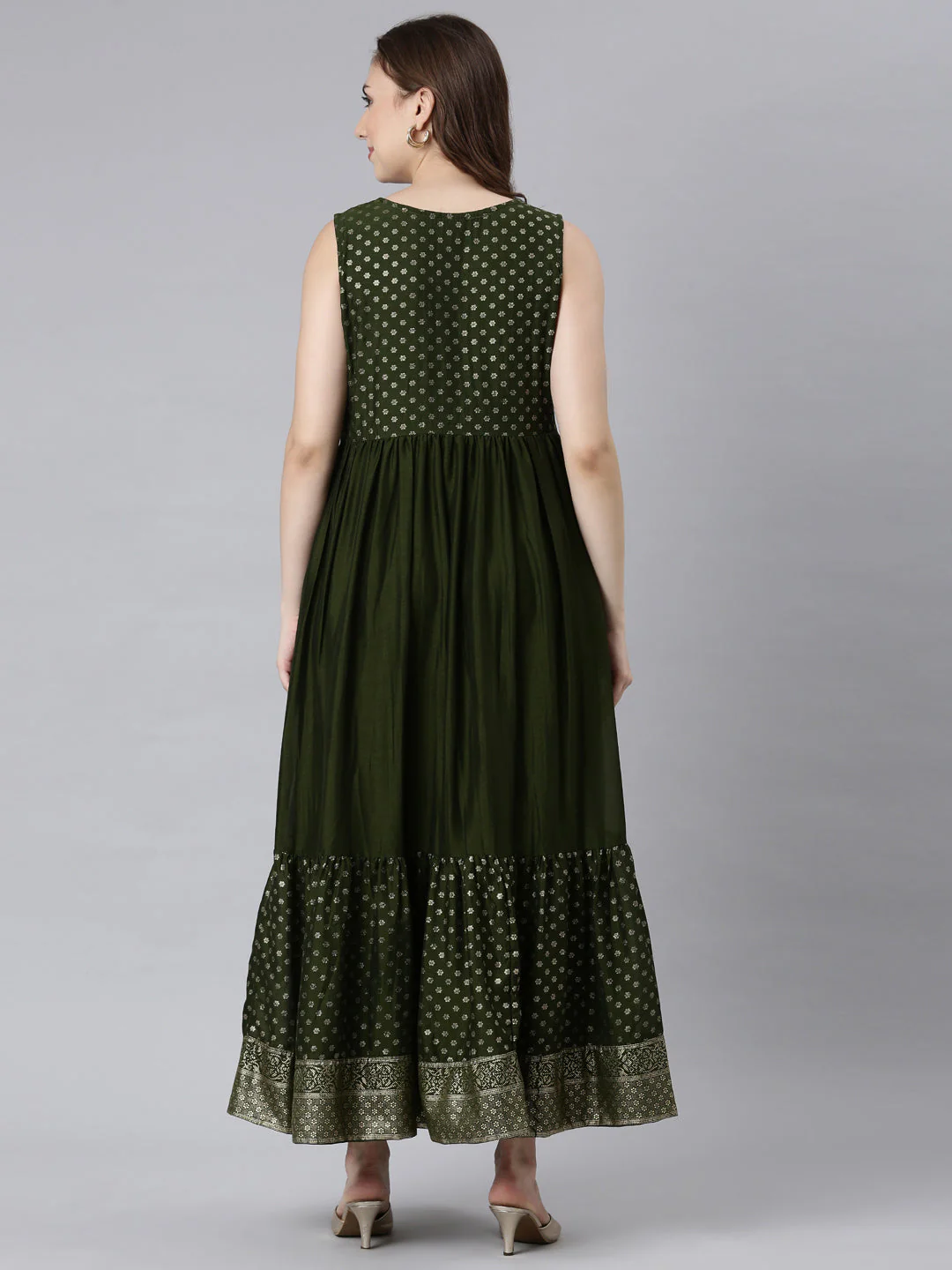 Neerus Mehadi Green Flared Casual Ethnic Motifs Maxi Dresses - Image 4