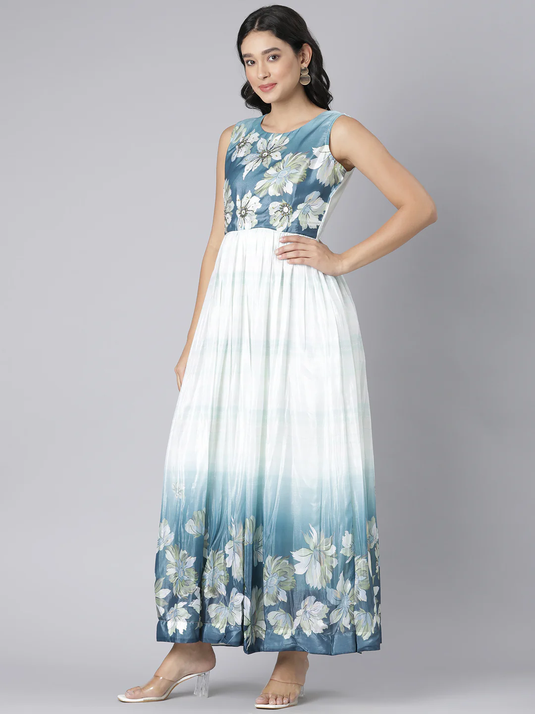 Neerus Mint Casual Floral Maxi Dresses - Image 2