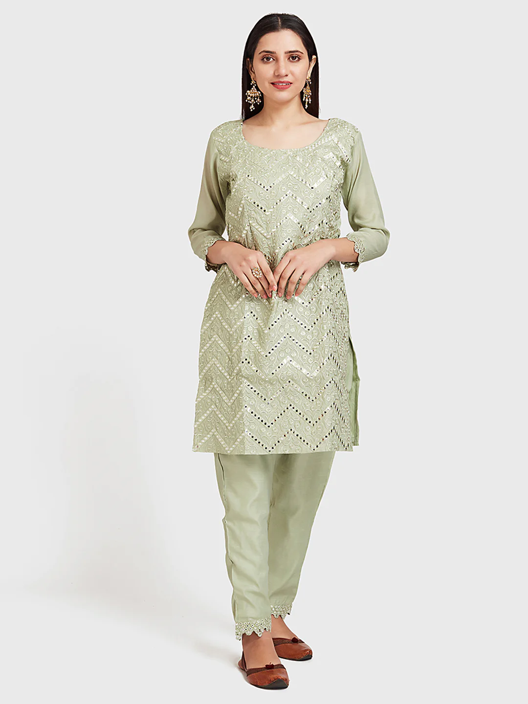 Neerus Mint Embellished Kurta & Pant Set With Jacket - Image 4