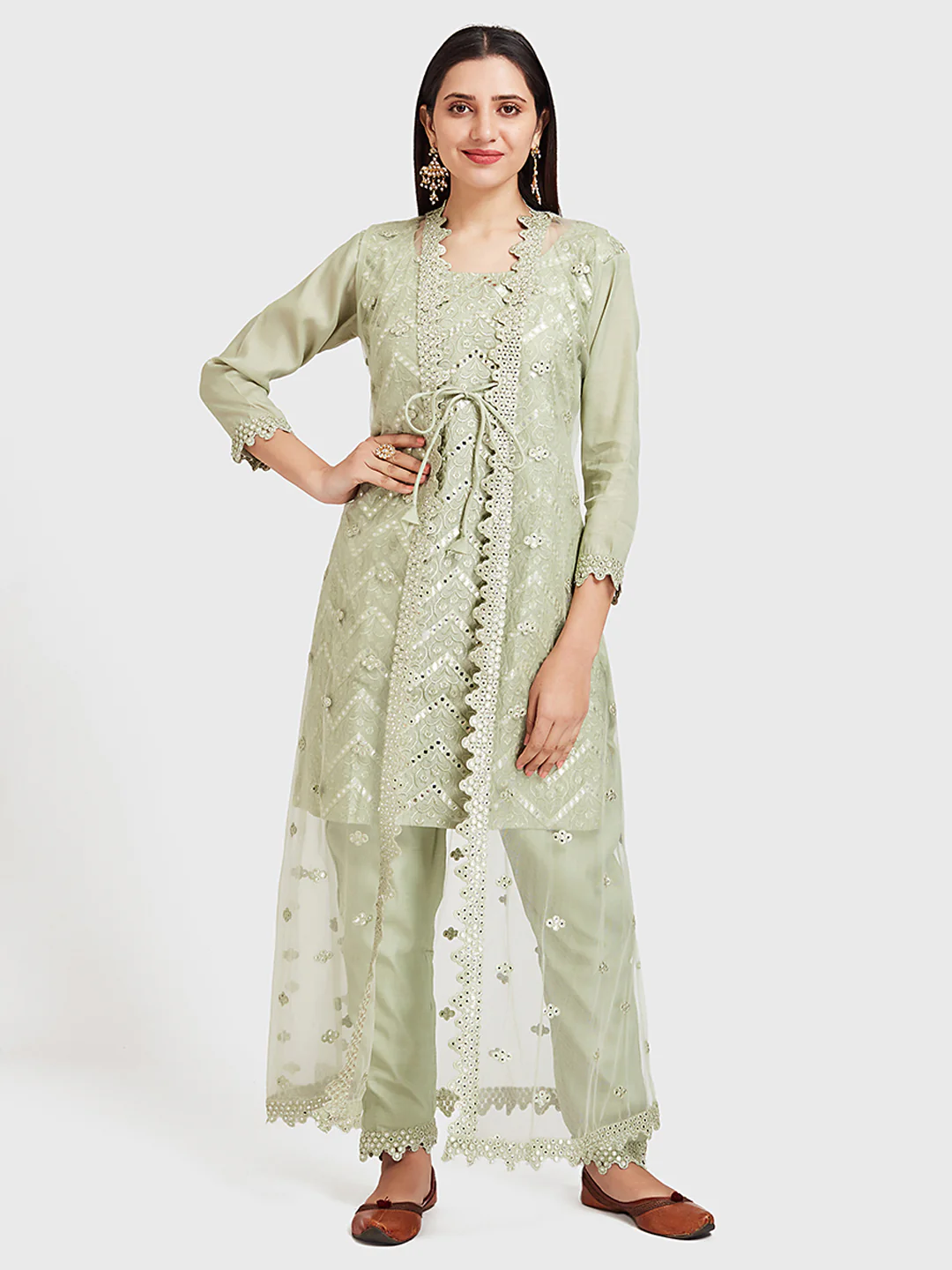 Neerus Mint Embellished Kurta & Pant Set With Jacket - Image 7