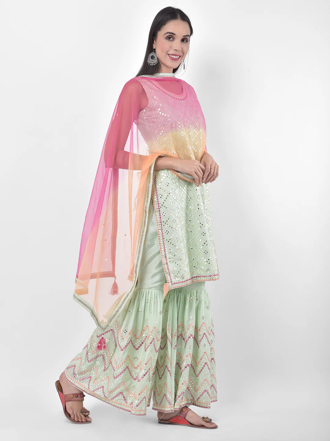 Neerus Mint Embellished Kurta With Sharara & Dupatta - Image 2