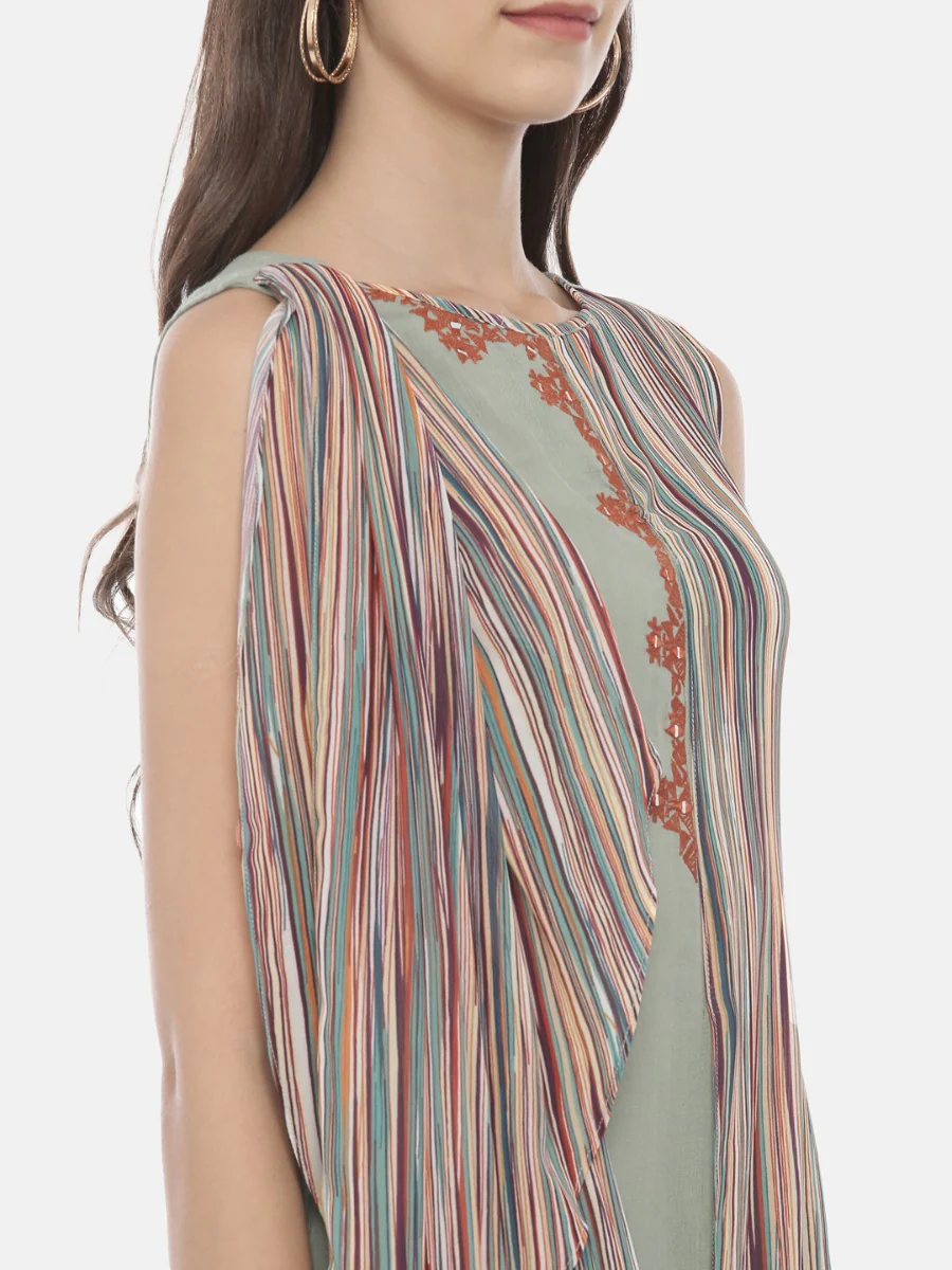 Neerus Mint Embroidered A Line Kurta With Attached Dupatta - Image 2