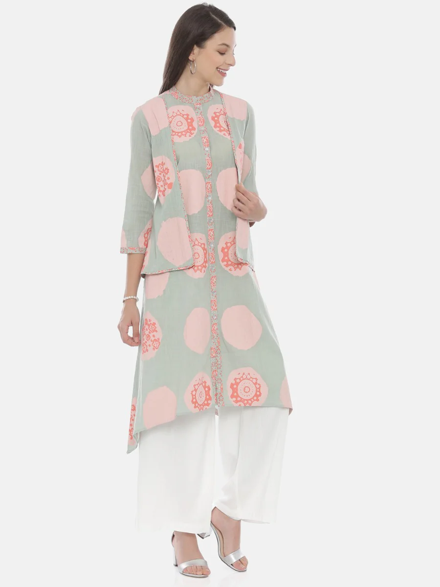 Neerus Mint Printed High Low Kurta - Image 4
