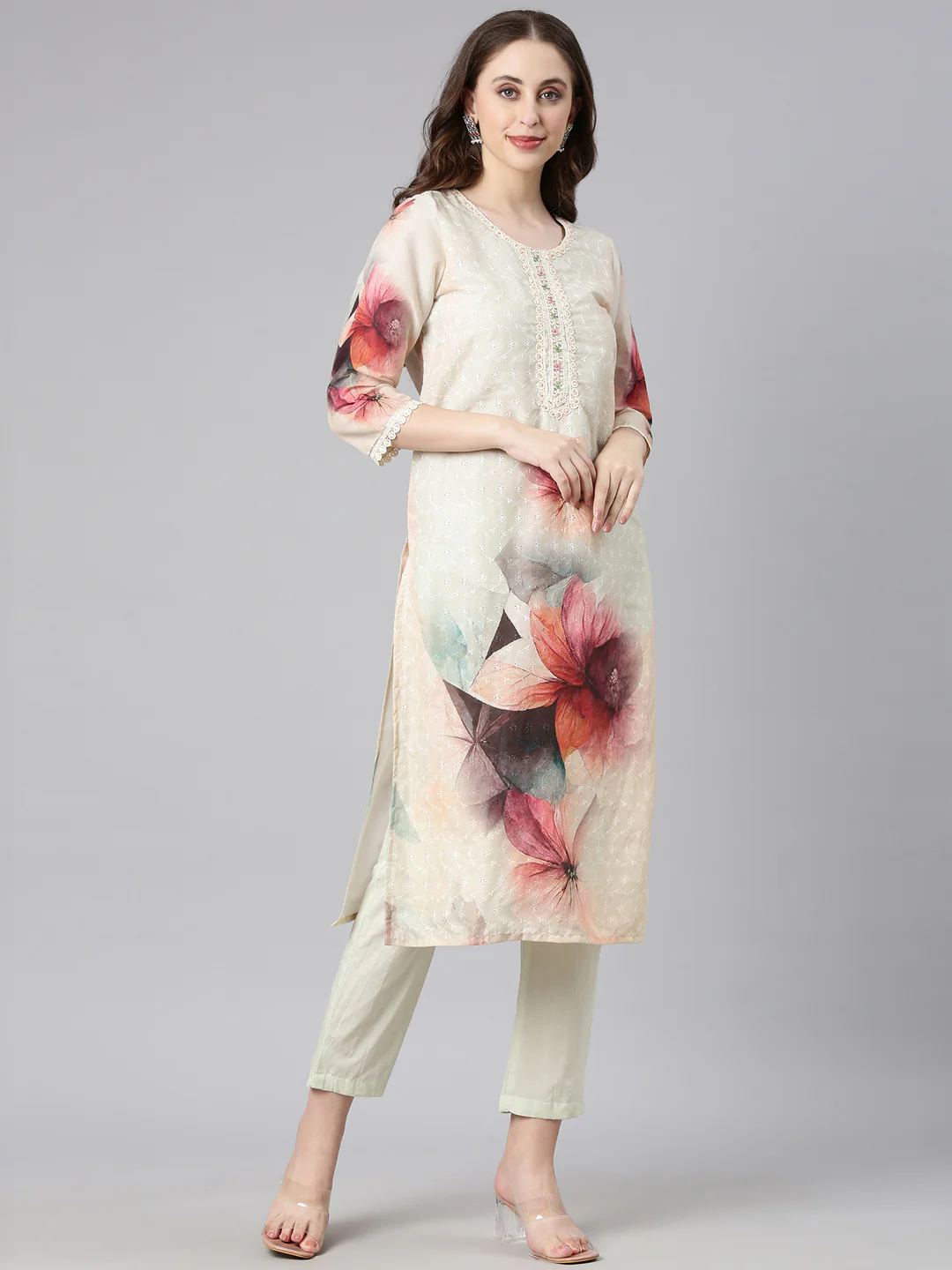 Neerus Mint Printed Straight Kurta and Trousers With Dupatta - Image 2