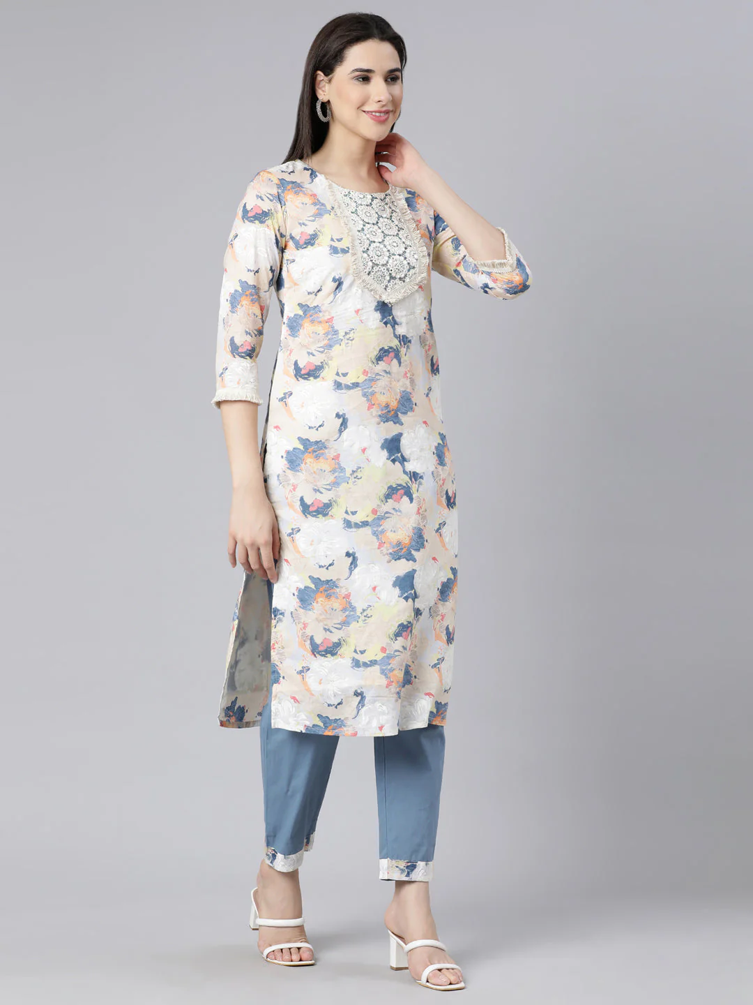 Neerus Multi Panelled Straight Printed Kurta And Trousers With Dupatta - Image 3