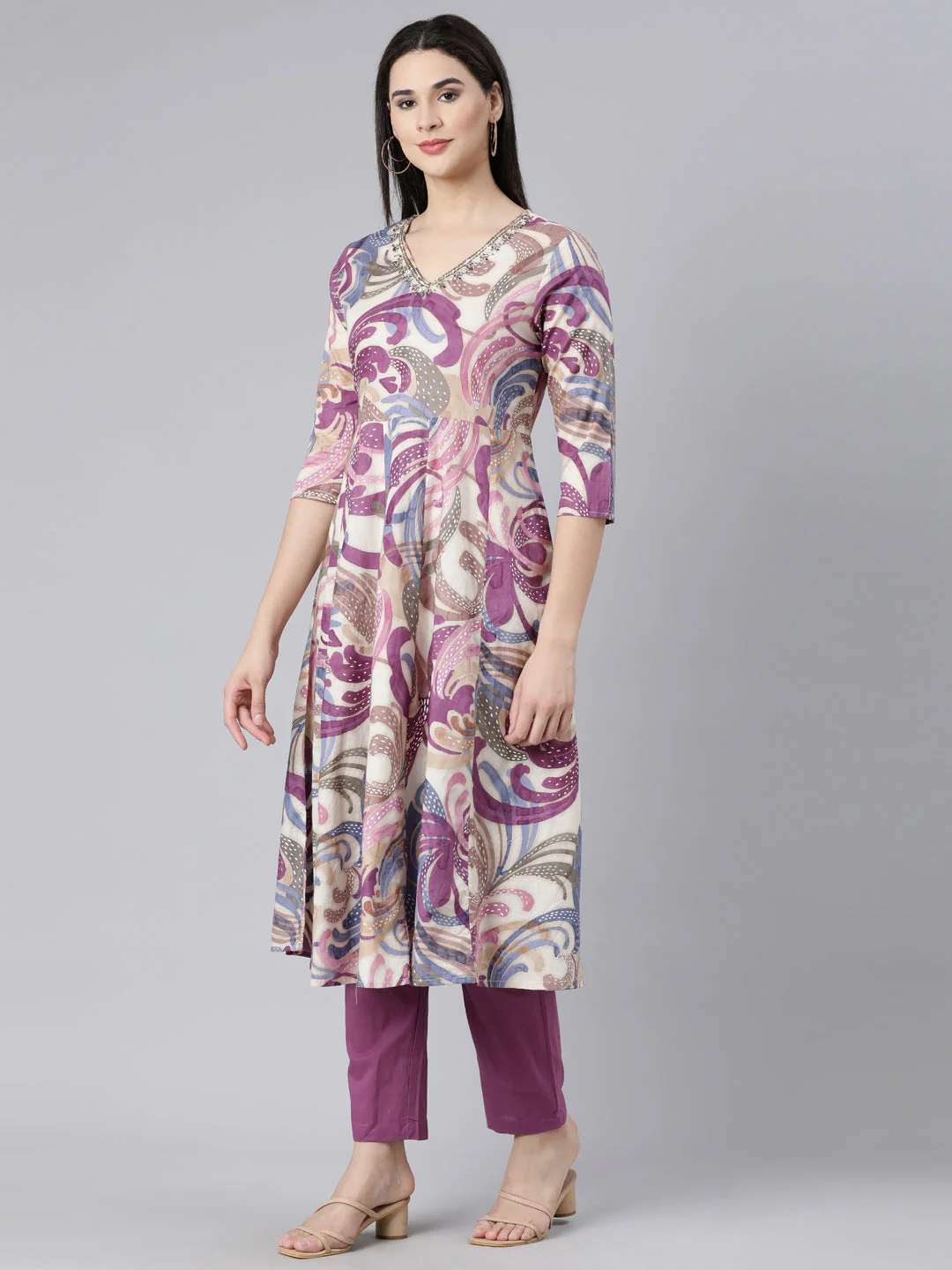 Neerus Multi Panelled Straight Printed Kurta And Trousers With Dupatta - Image 2