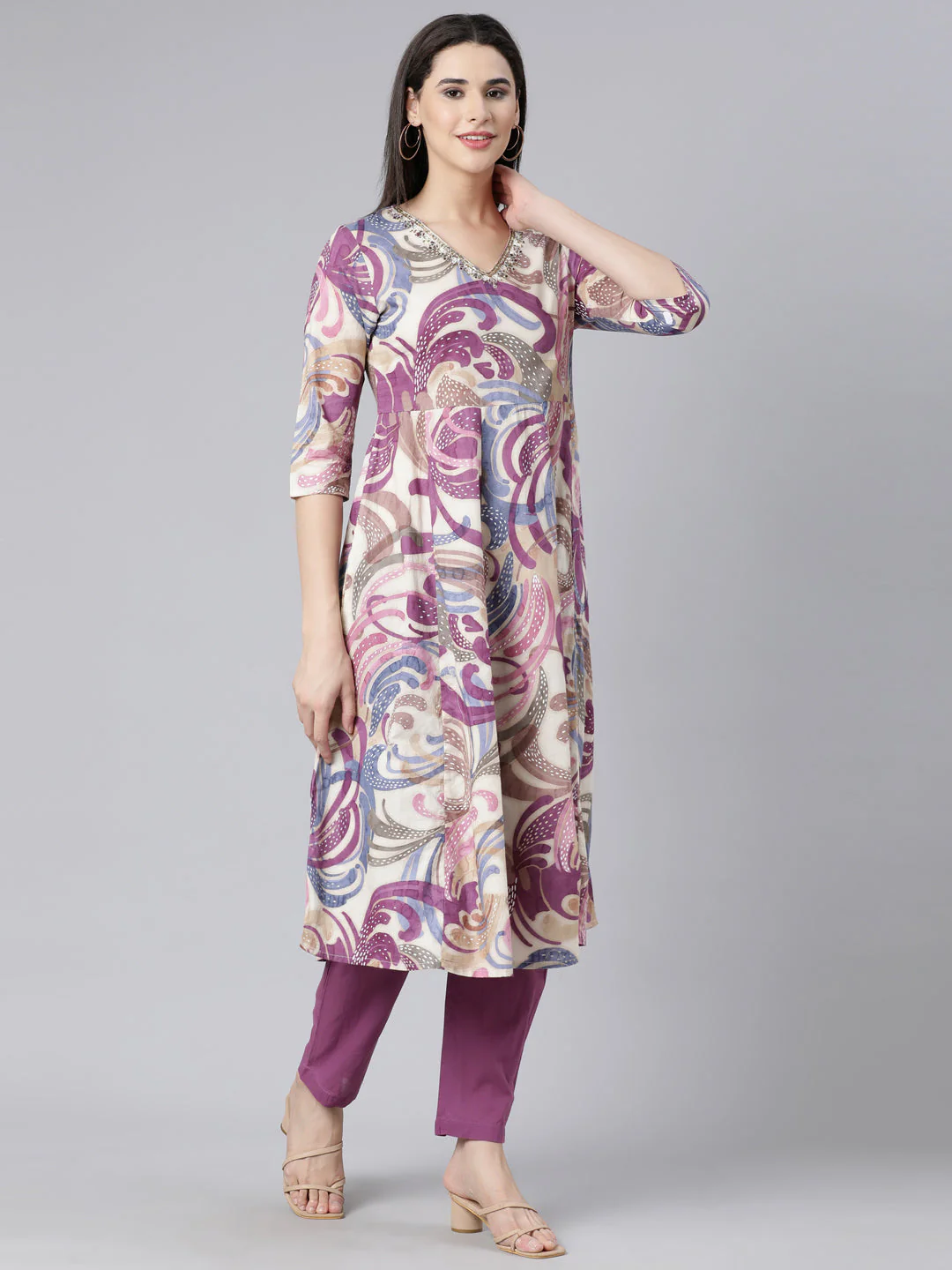 Neerus Multi Panelled Straight Printed Kurta And Trousers With Dupatta - Image 3