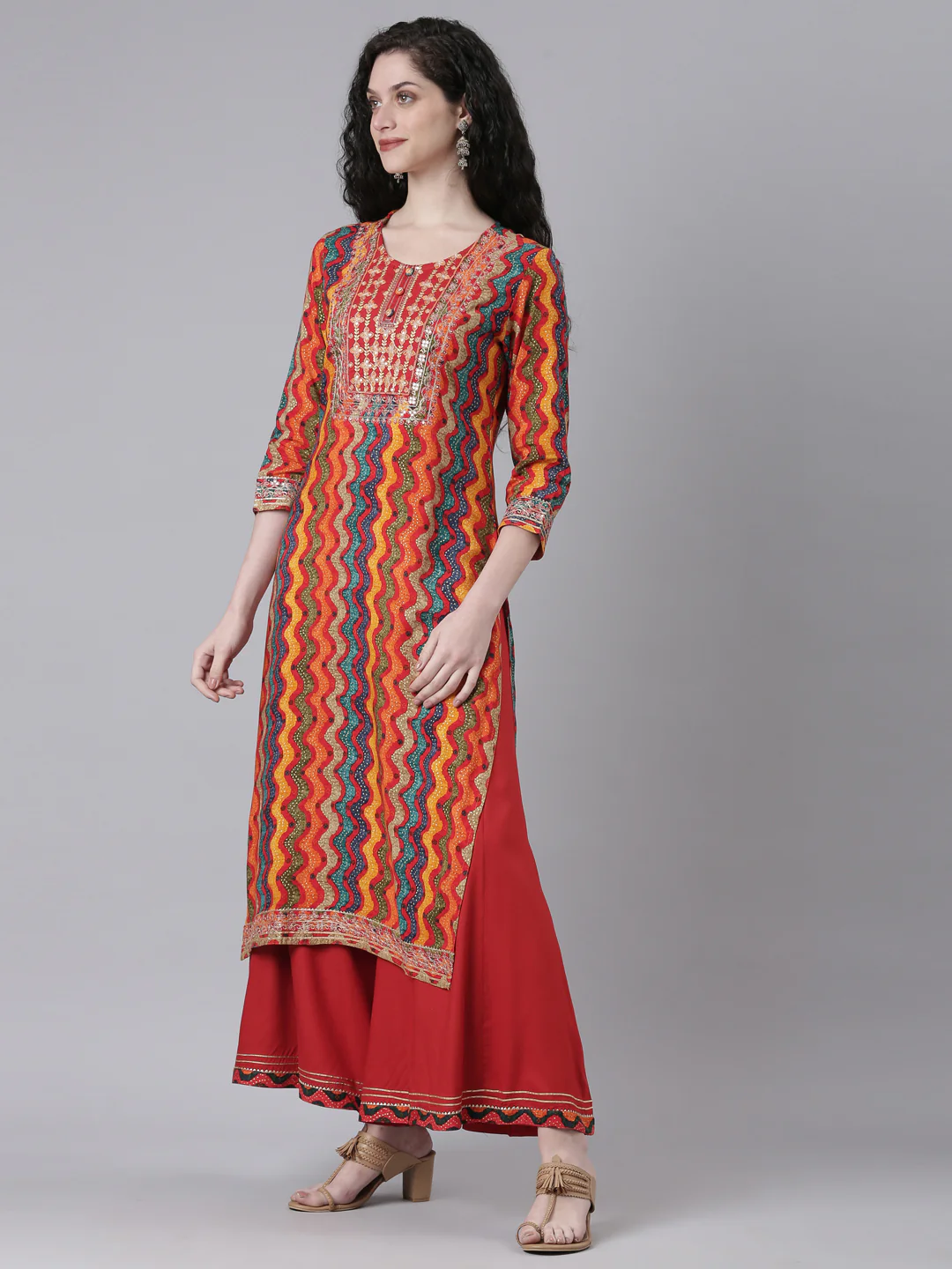 Neerus Multi Printed Straight Kurta and Palazzos With Dupatta - Image 2