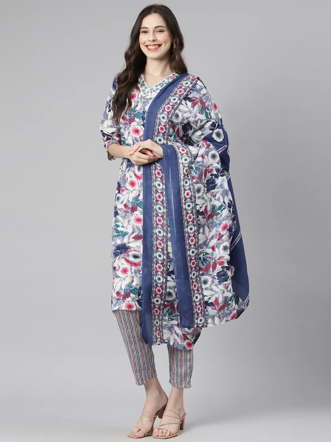 Neerus Multi Printed Straight Kurta and Trousers With Dupatta - Image 5