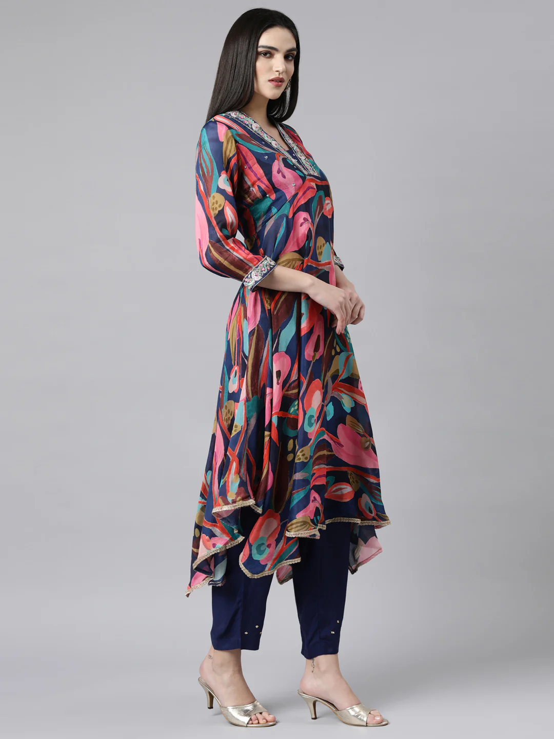 Neerus Multi Regular High-Low Floral Kurta And Trousers With Dupatta - Image 2