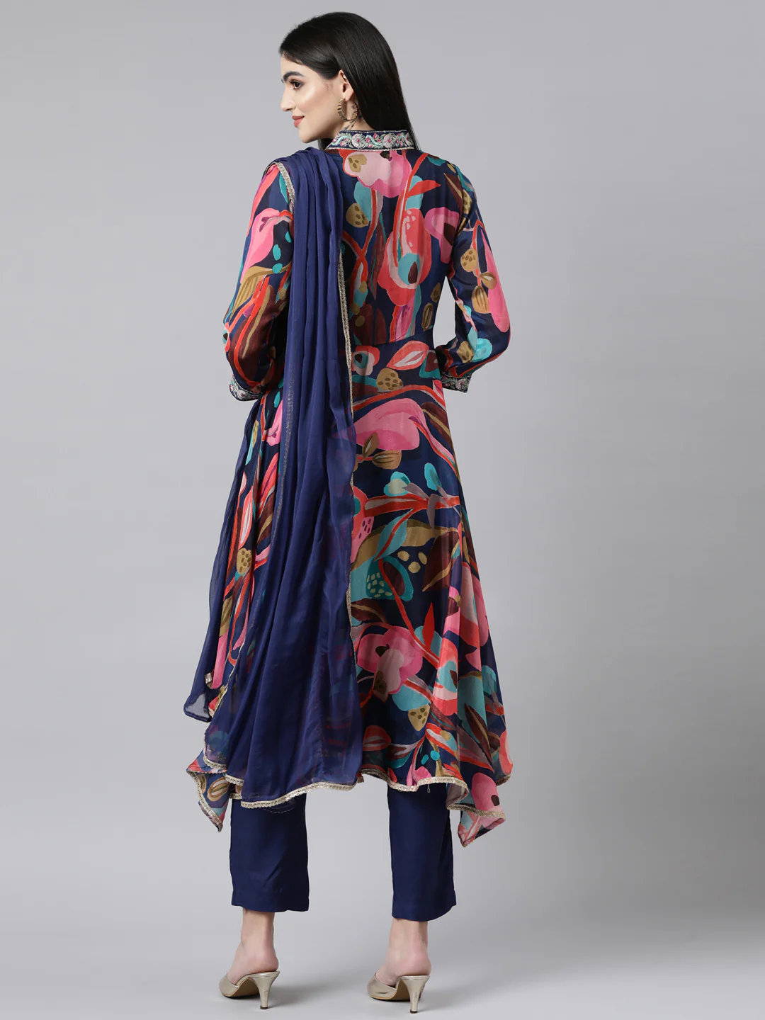 Neerus Multi Regular High-Low Floral Kurta And Trousers With Dupatta - Image 3
