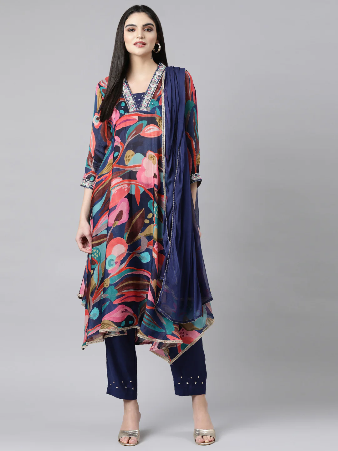 Neerus Multi Regular High-Low Floral Kurta And Trousers With Dupatta - Image 5