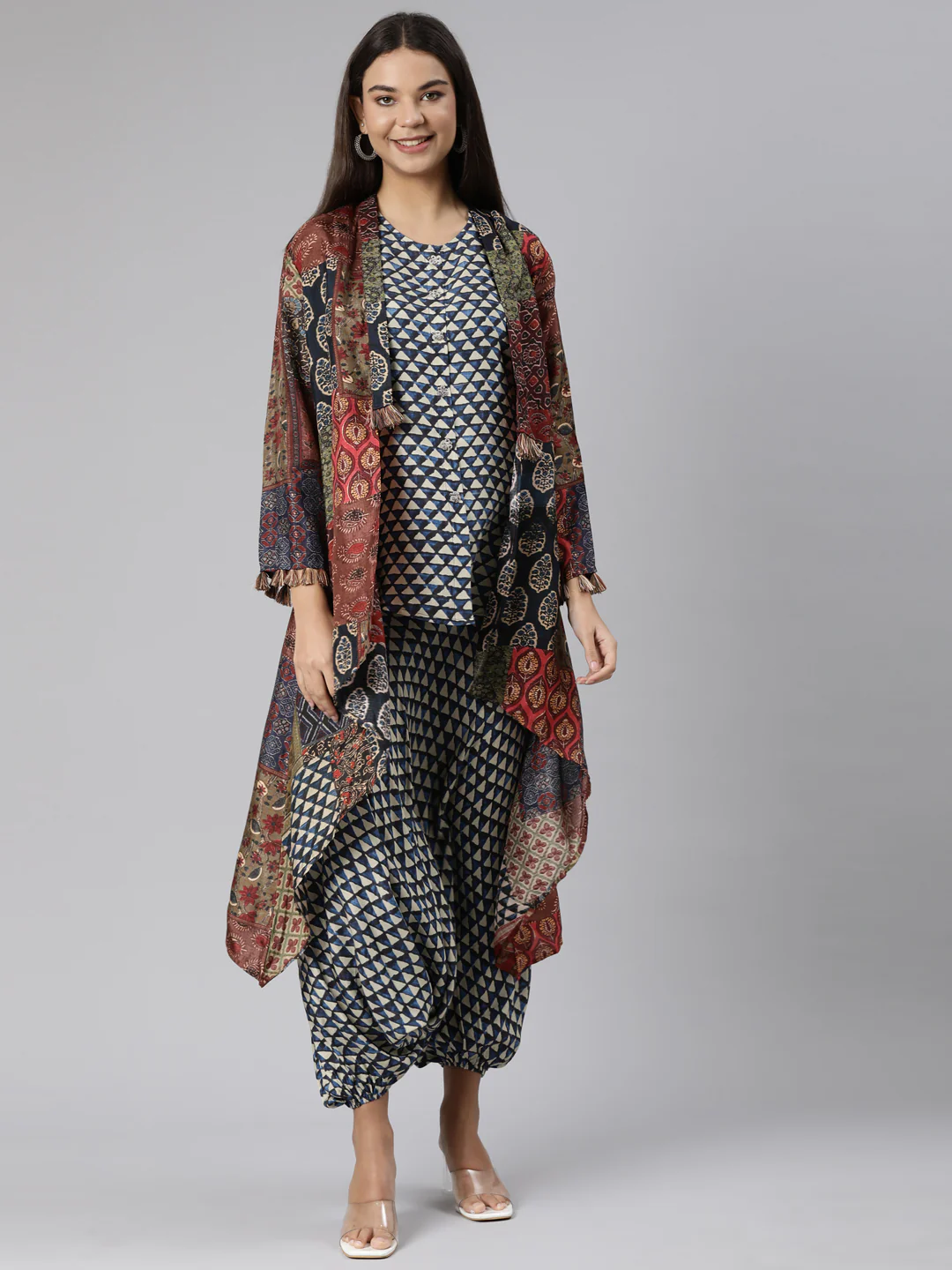 Neerus Multi Regular Straight Chevron Kurta And Veshti With Jacket