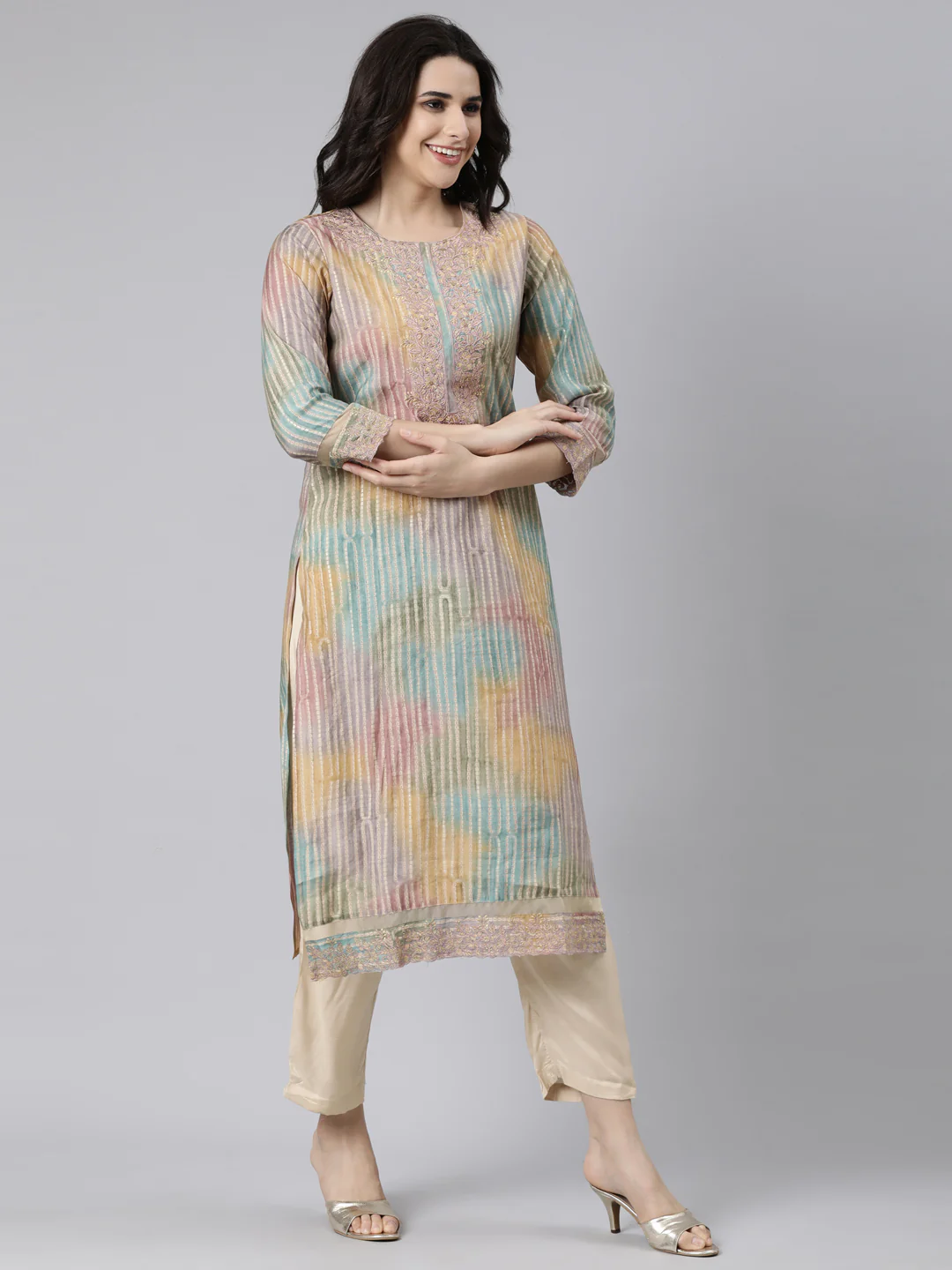 Neerus Multi Regular Straight Colourblocked Kurta And  Trousers With Dupatta - Image 2