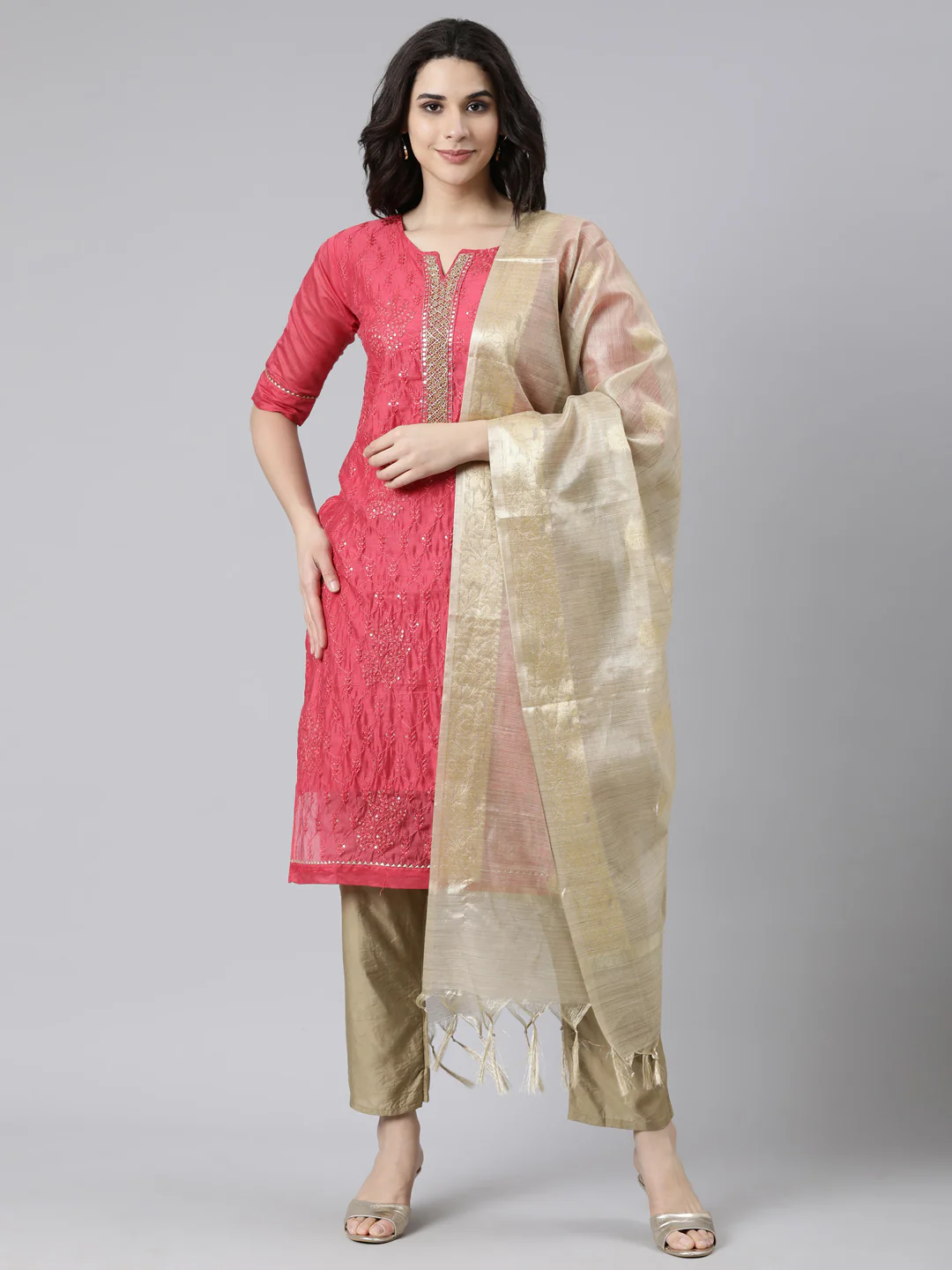 Neerus Multi Regular Straight Floral Kurta And Trousers With Dupatta