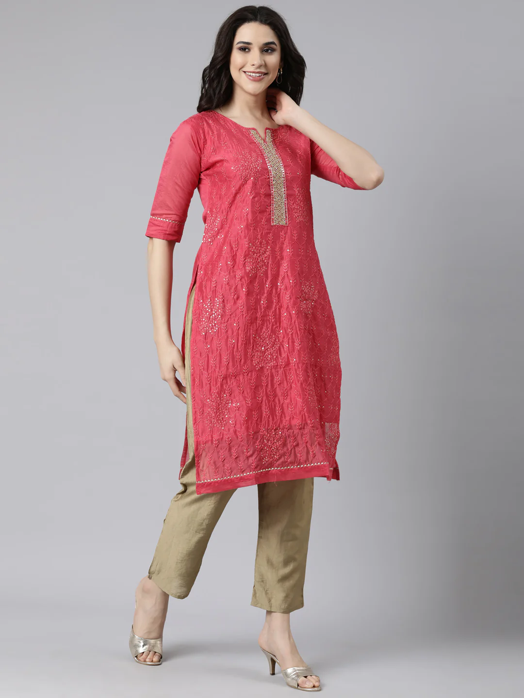 Neerus Multi Regular Straight Floral Kurta And Trousers With Dupatta - Image 2