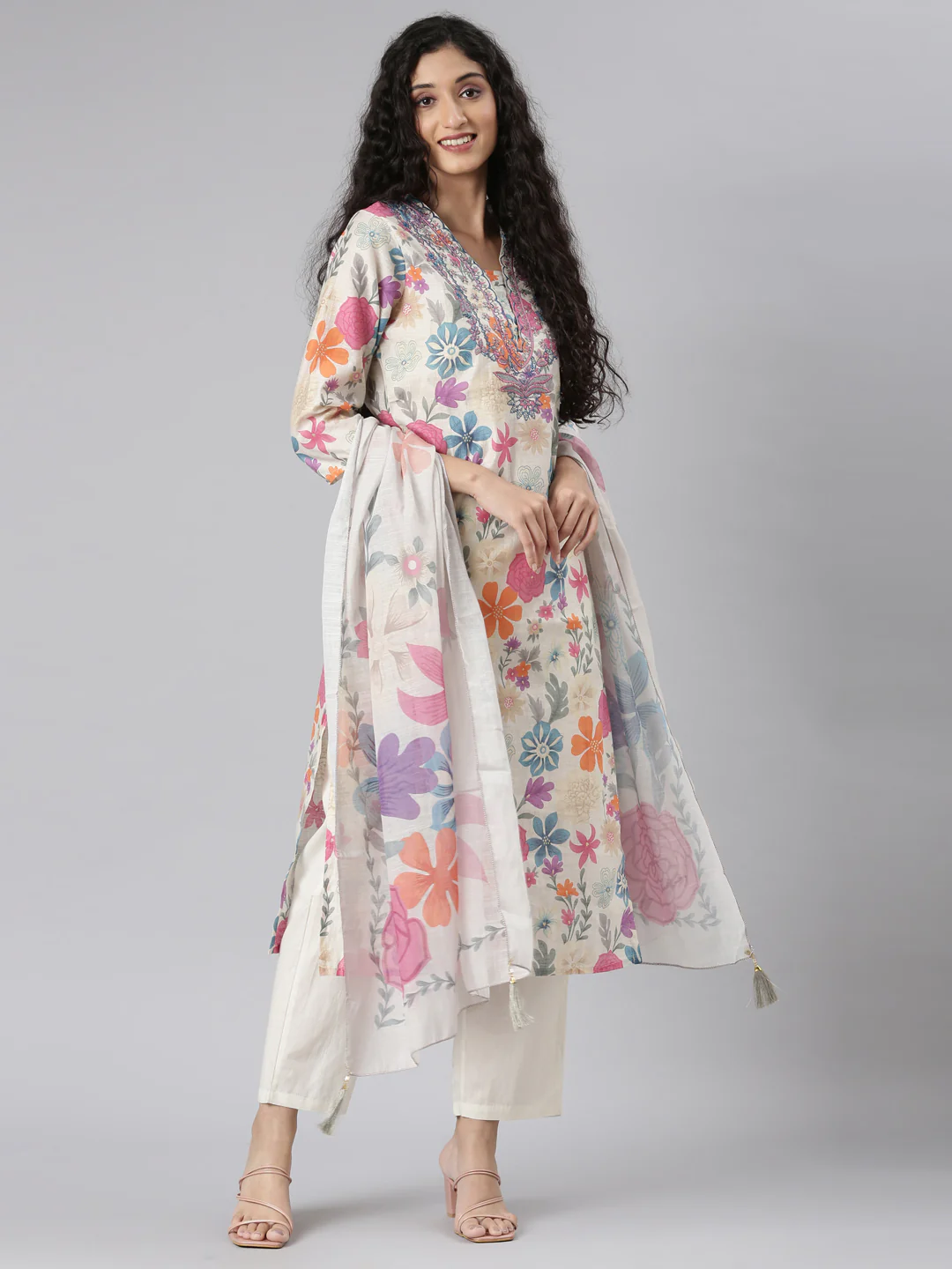 Neerus Multi Straight Casual Floral Kurta and Trouser with Dupatta - Image 6