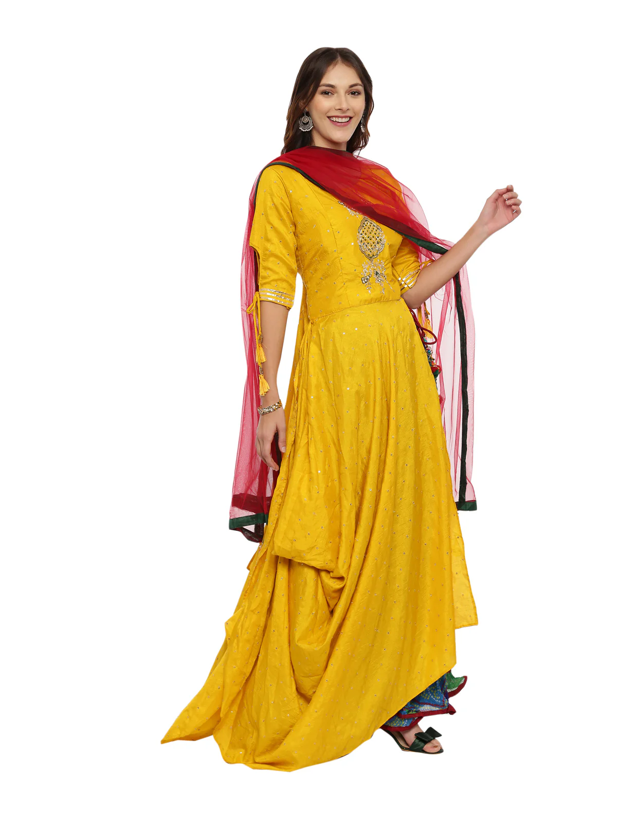 Neerus Multicolor Embellished Kurta With Skirt & Dupatta