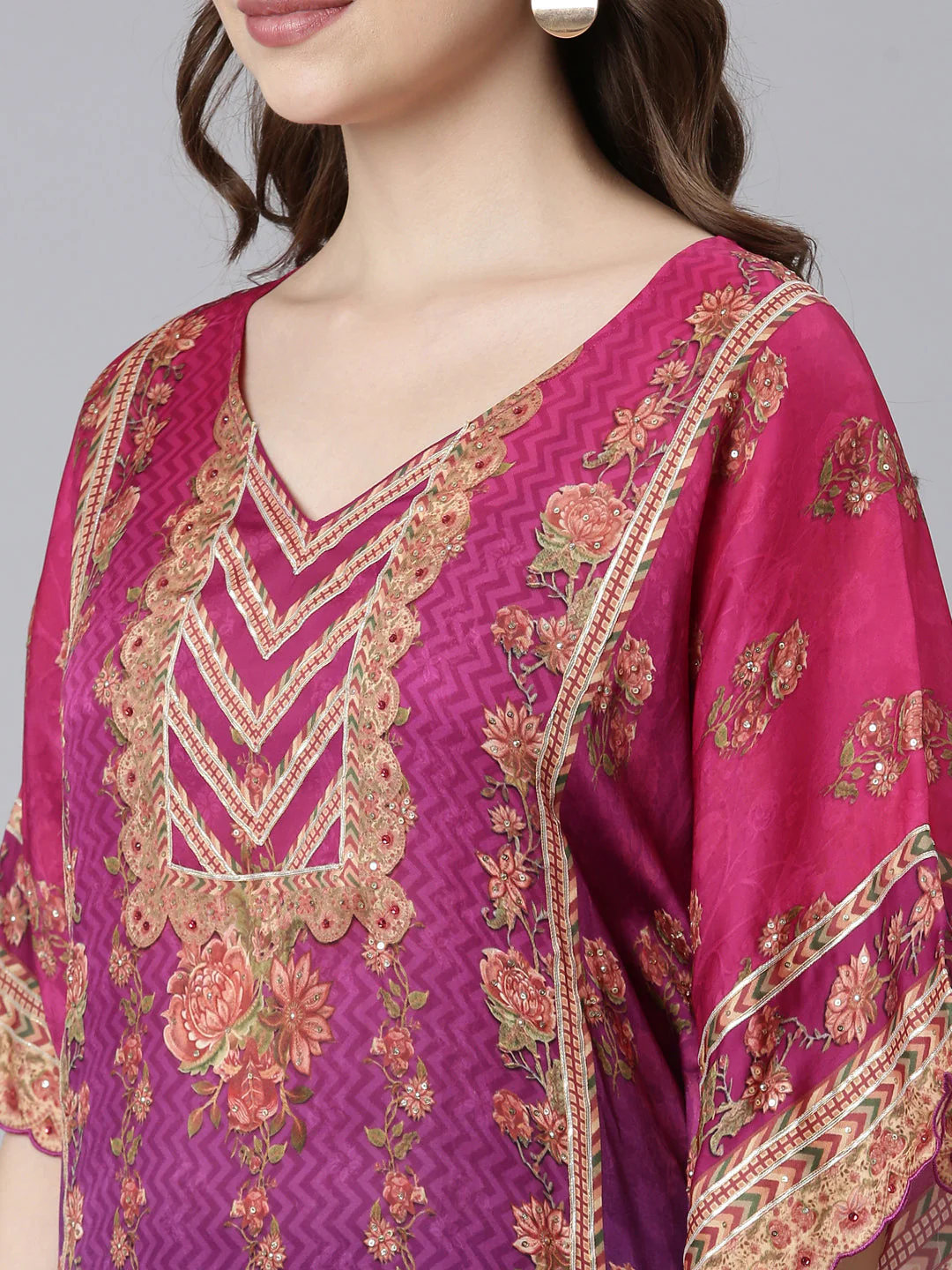Neerus Multi Panelled Flared Floral Kurta And Trousers - Image 2