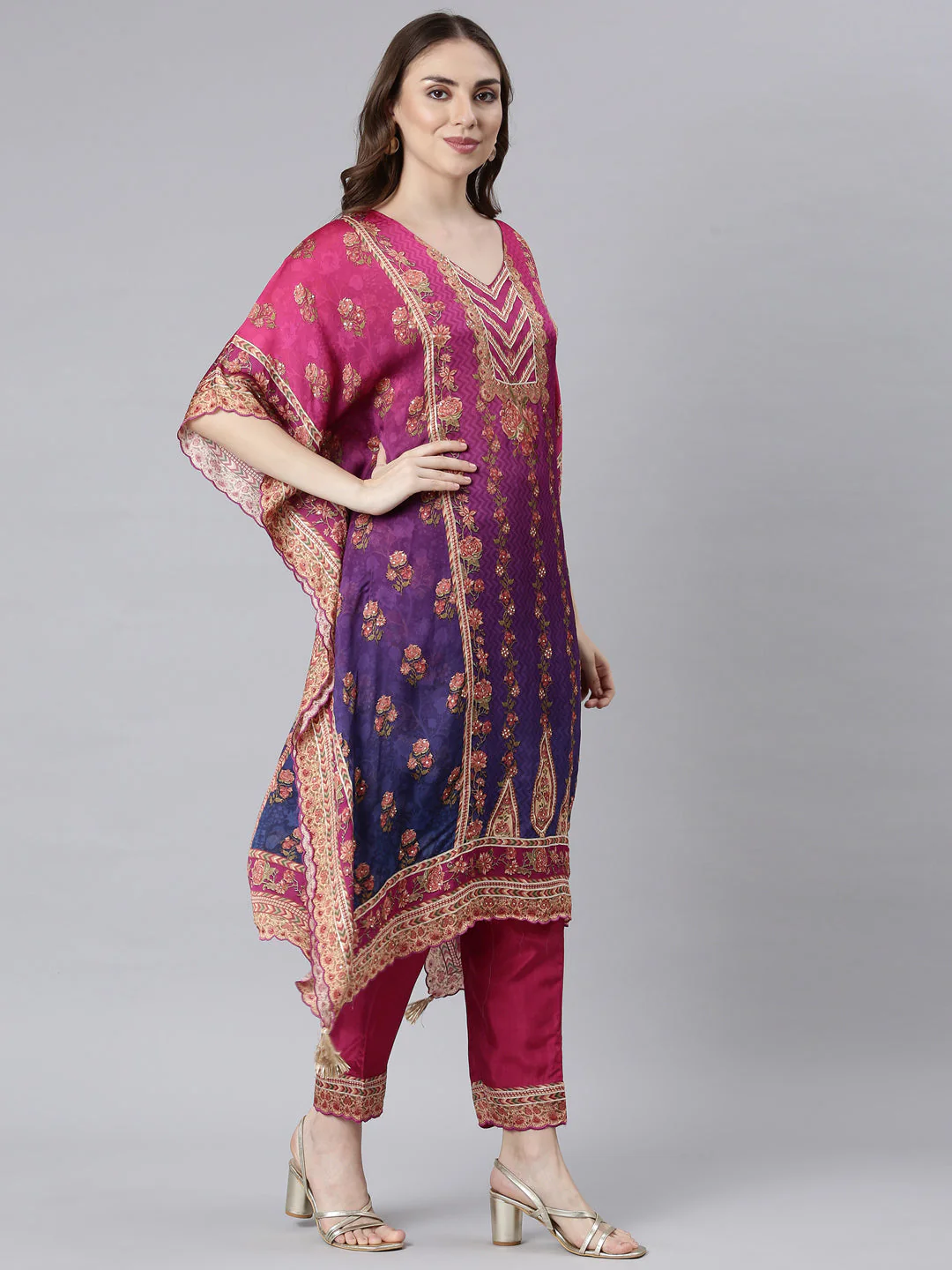 Neerus Multi Panelled Flared Floral Kurta And Trousers - Image 3