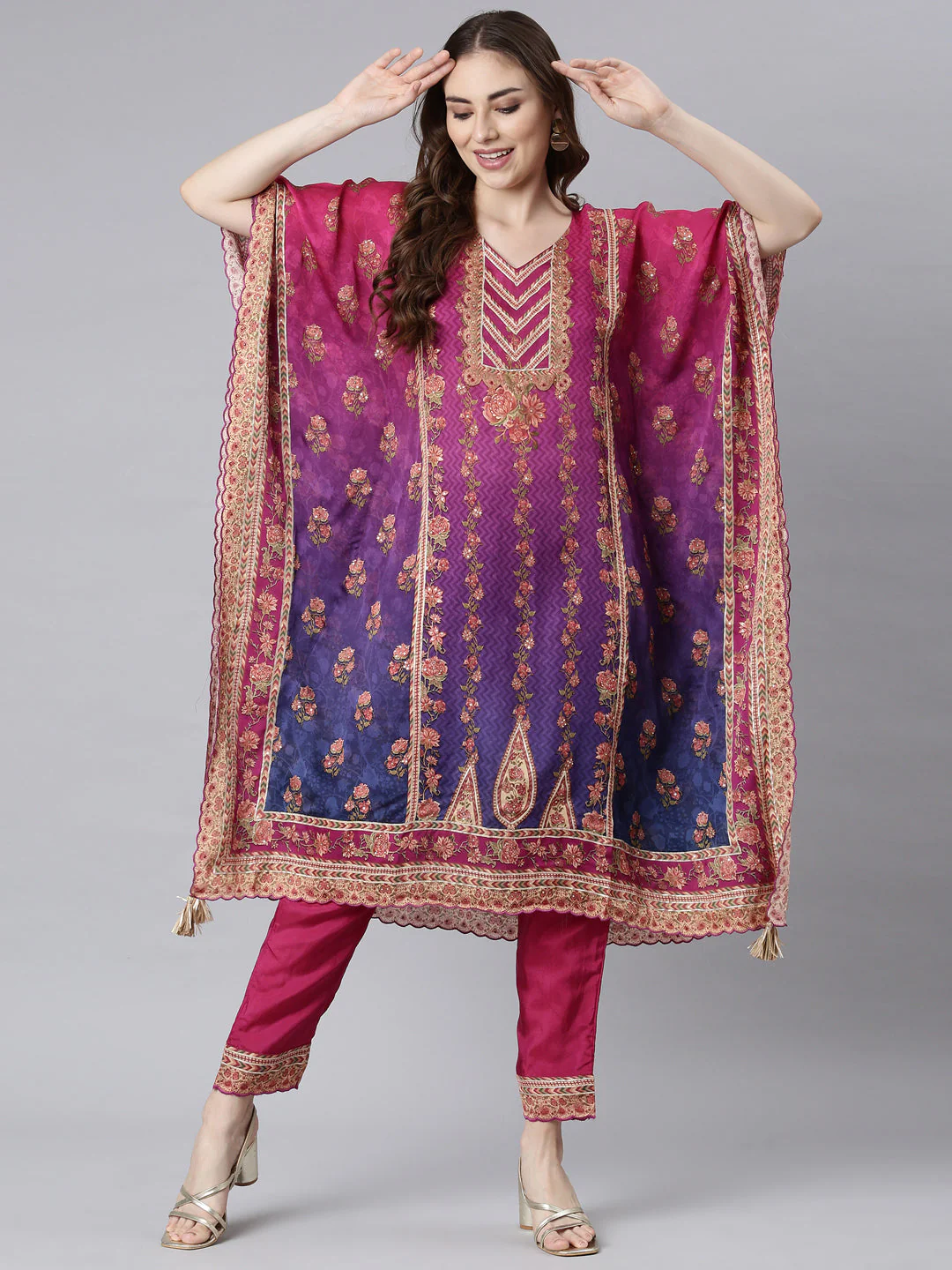 Neerus Multi Panelled Flared Floral Kurta And Trousers - Image 5