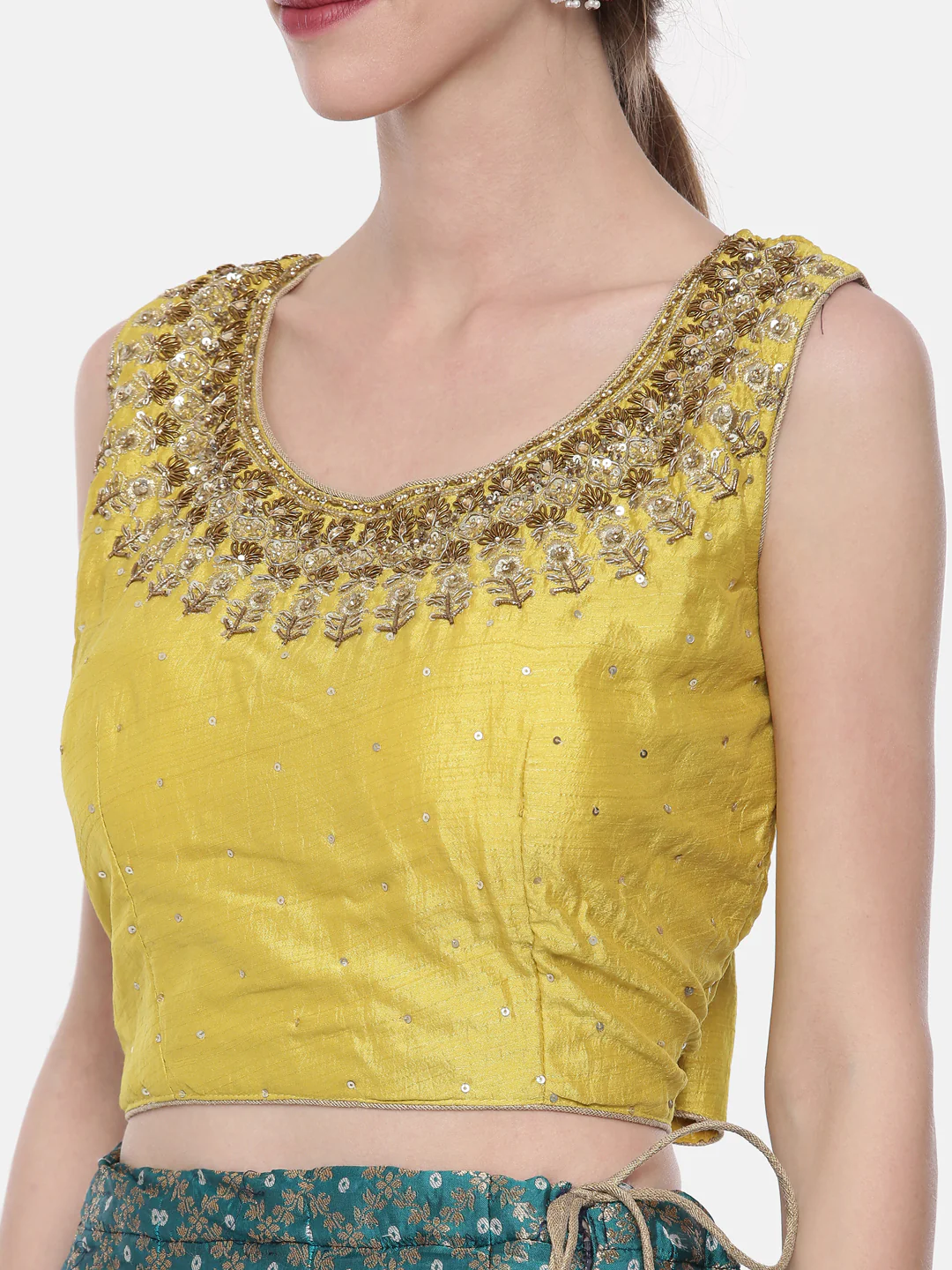Neerus Mustard Blue Color Banaras Fabric Ghagra Set - Image 3