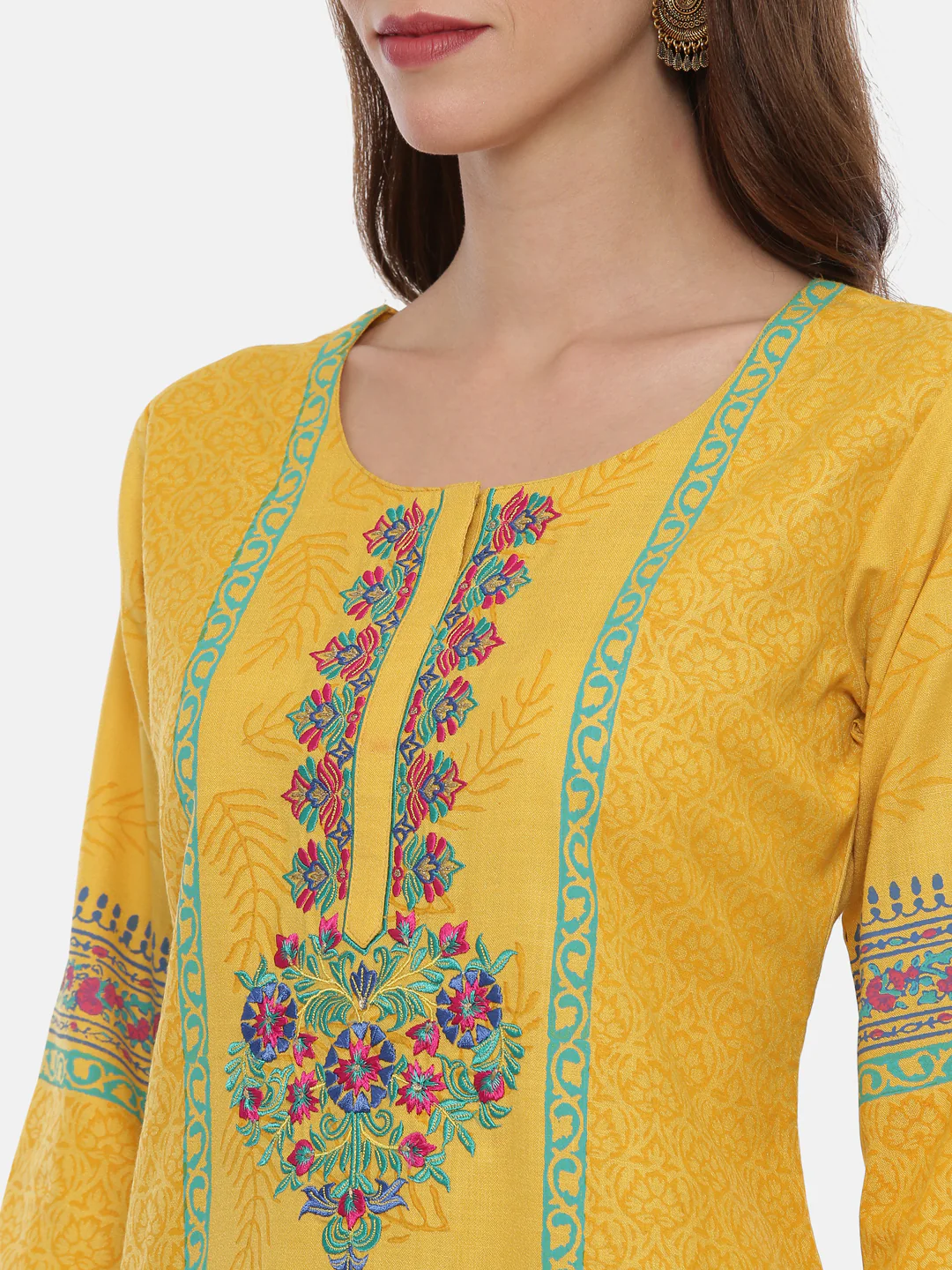 Neerus Mustard & Blue Embroidered Kurta With Churidar & Dupatta - Image 2