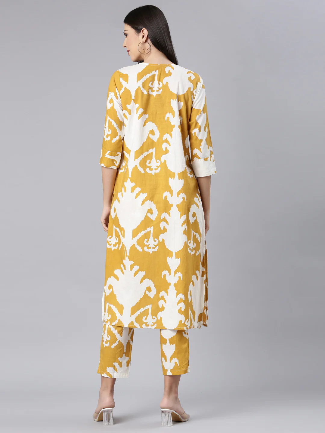 Neerus Mustard Casual Chevron Straight Kurta and Trouser - Image 4