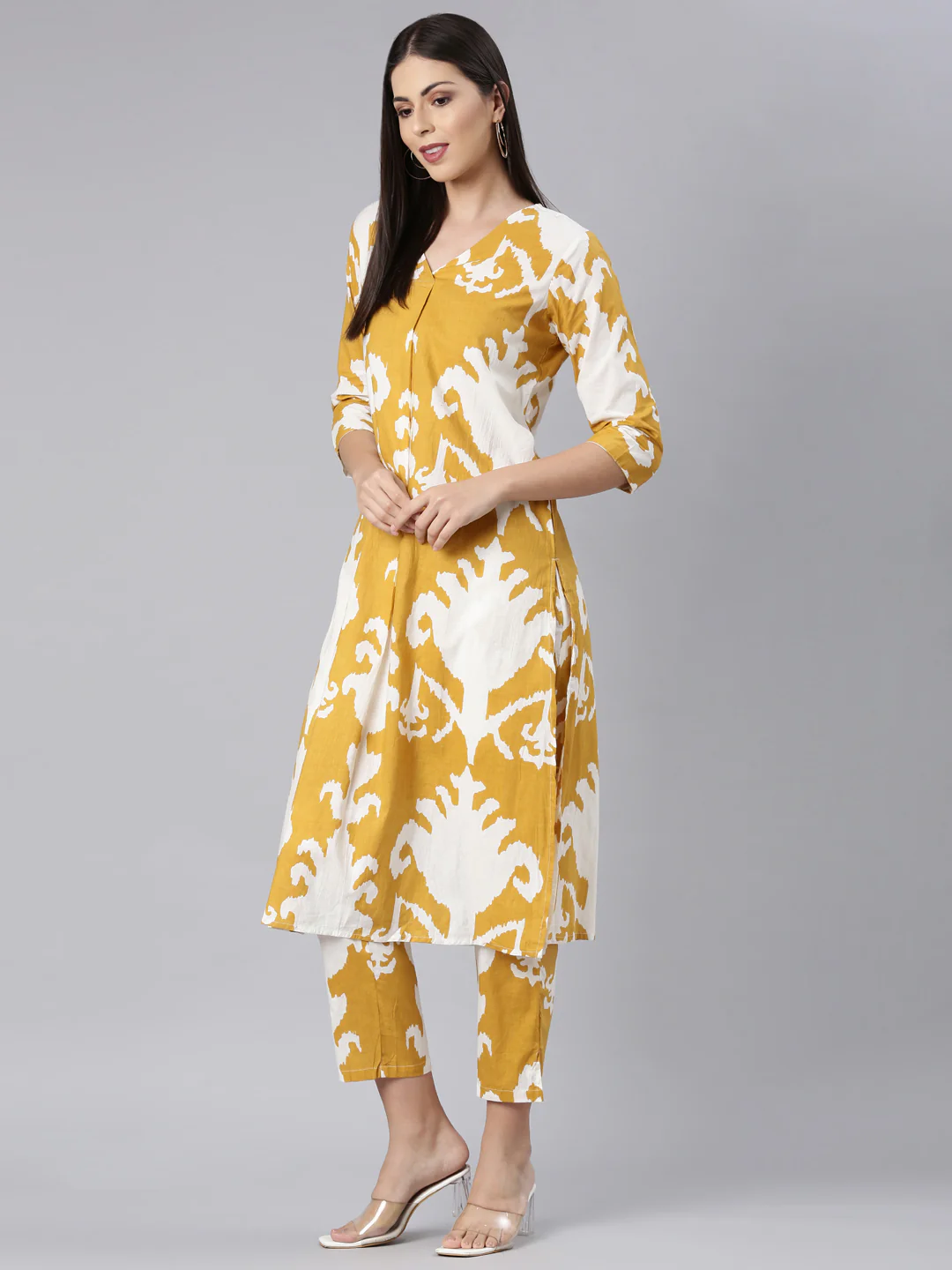 Neerus Mustard Casual Chevron Straight Kurta and Trouser - Image 6