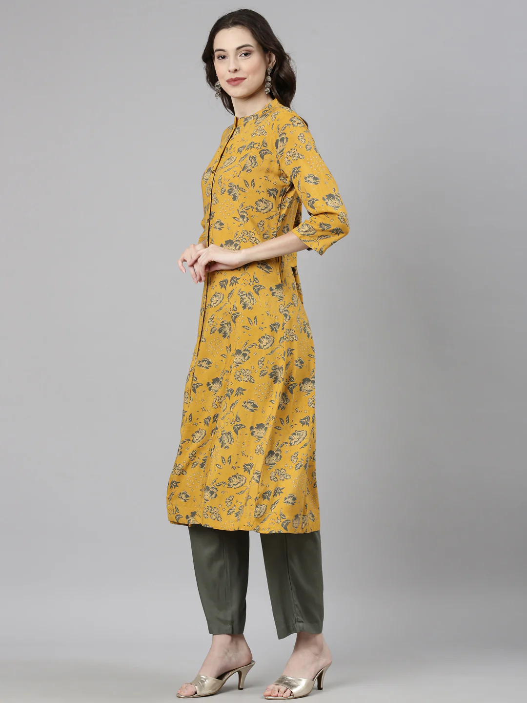 Neerus Mustard Casual Floral Straight Kurta and Trousers - Image 2