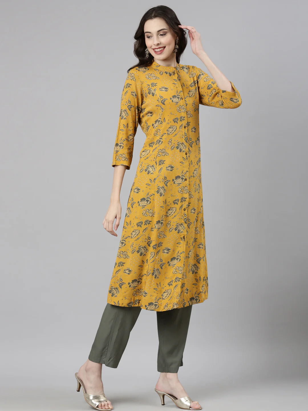Neerus Mustard Casual Floral Straight Kurta and Trousers - Image 3