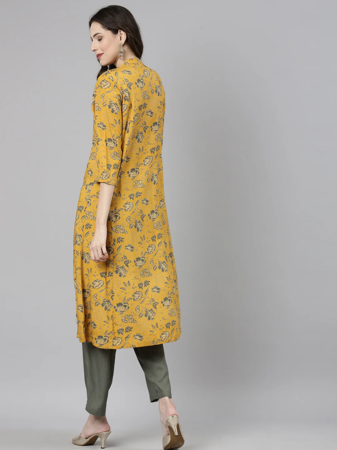 Neerus Mustard Casual Floral Straight Kurta and Trousers - Image 4