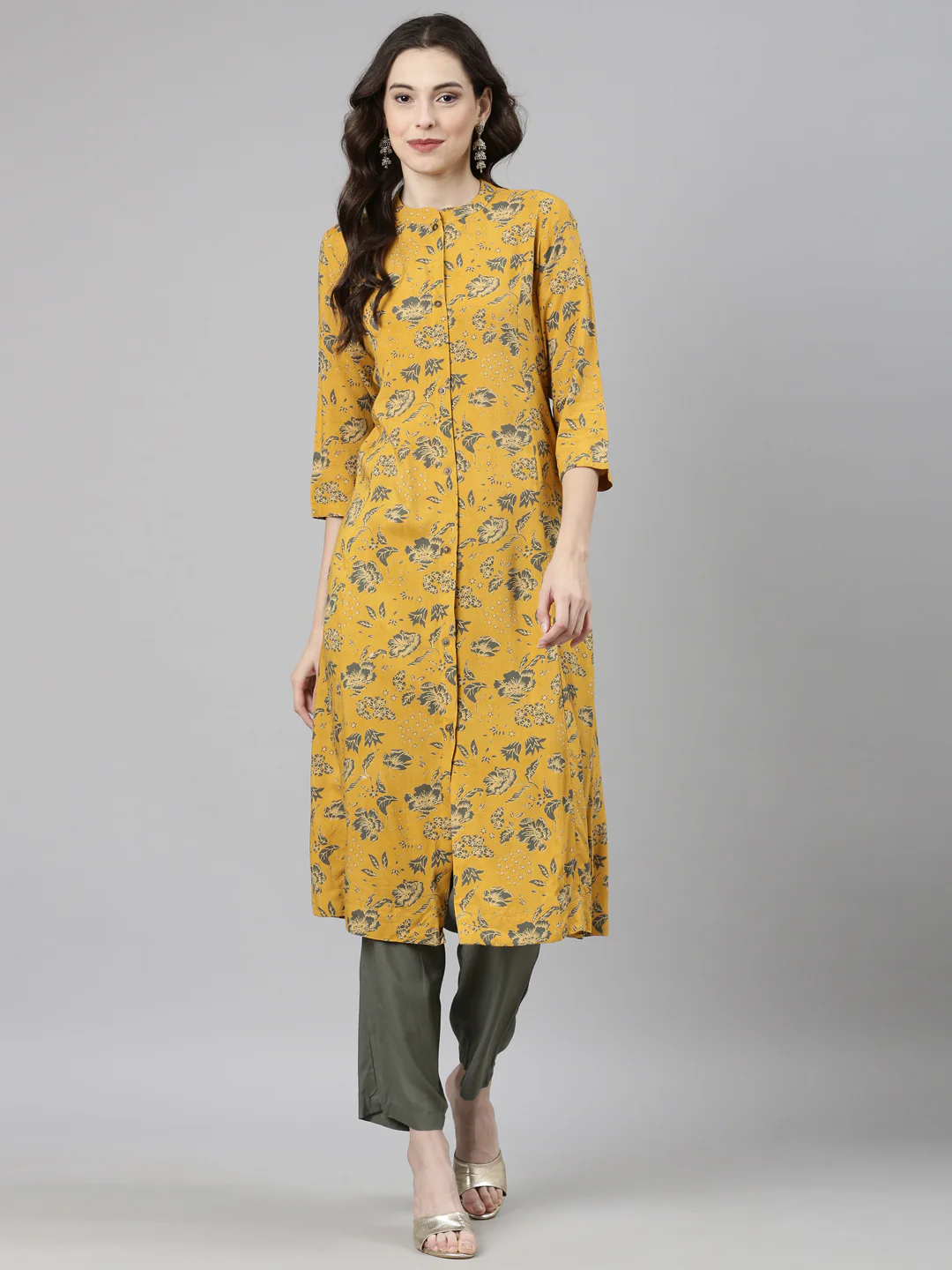 Neerus Mustard Casual Floral Straight Kurta and Trousers - Image 6