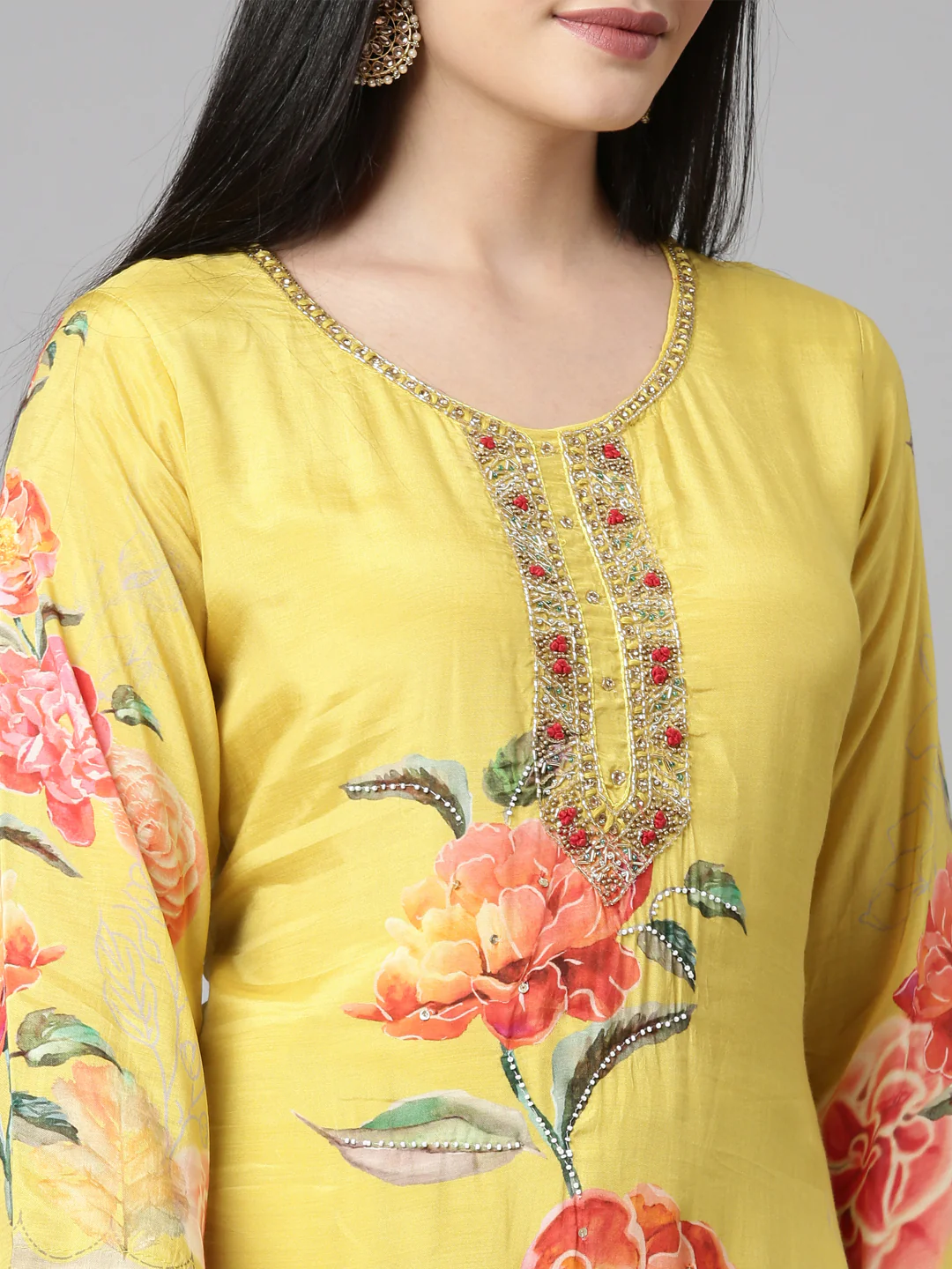 Neerus Mustard Casual Floral Straight Kurta and Trousers With Dupatta - Image 5