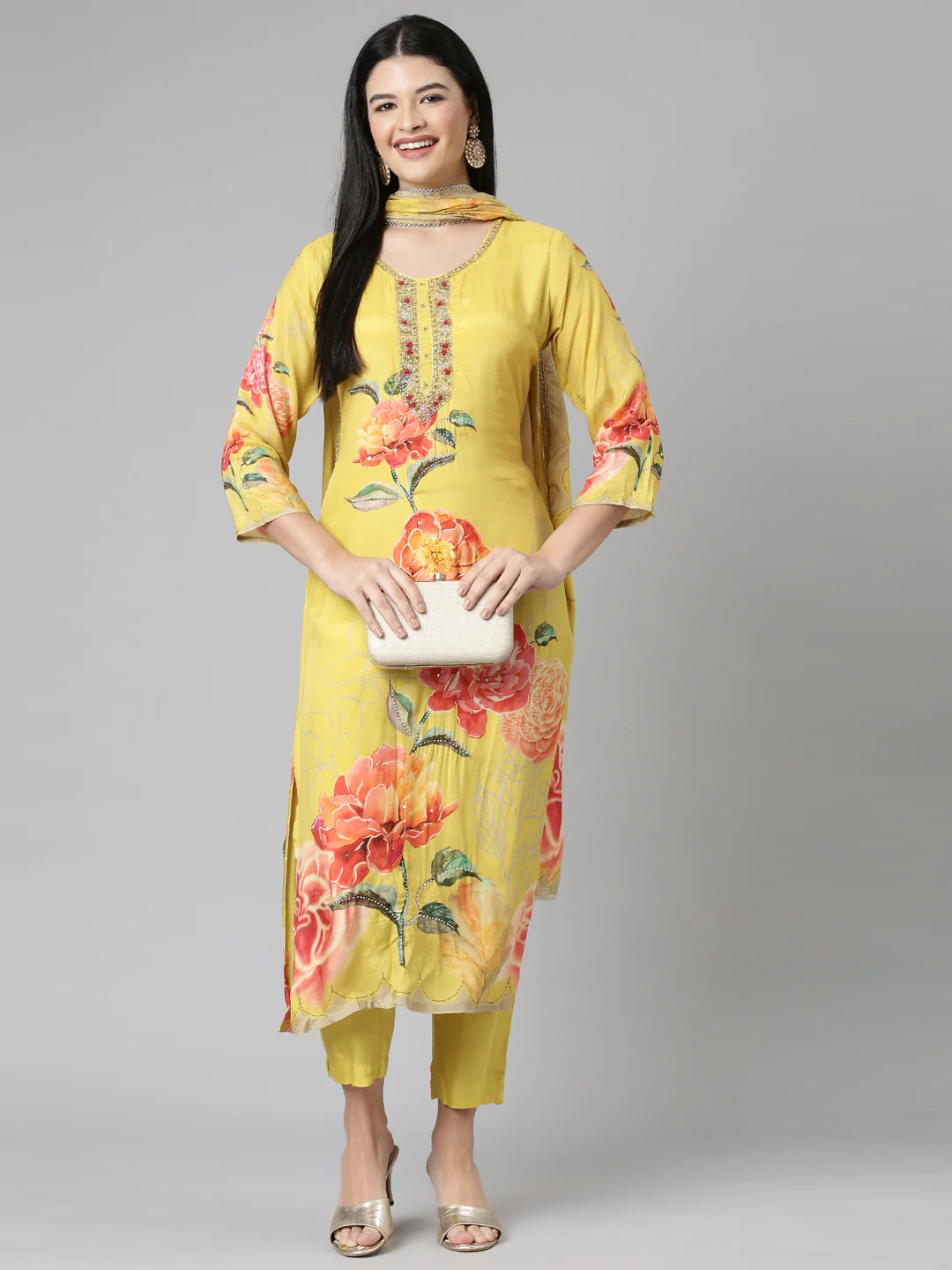 Neerus Mustard Casual Floral Straight Kurta and Trousers With Dupatta - Image 6