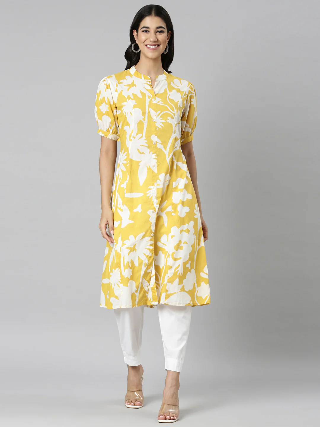 Neerus Mustard Casual Floral Straight Kurta