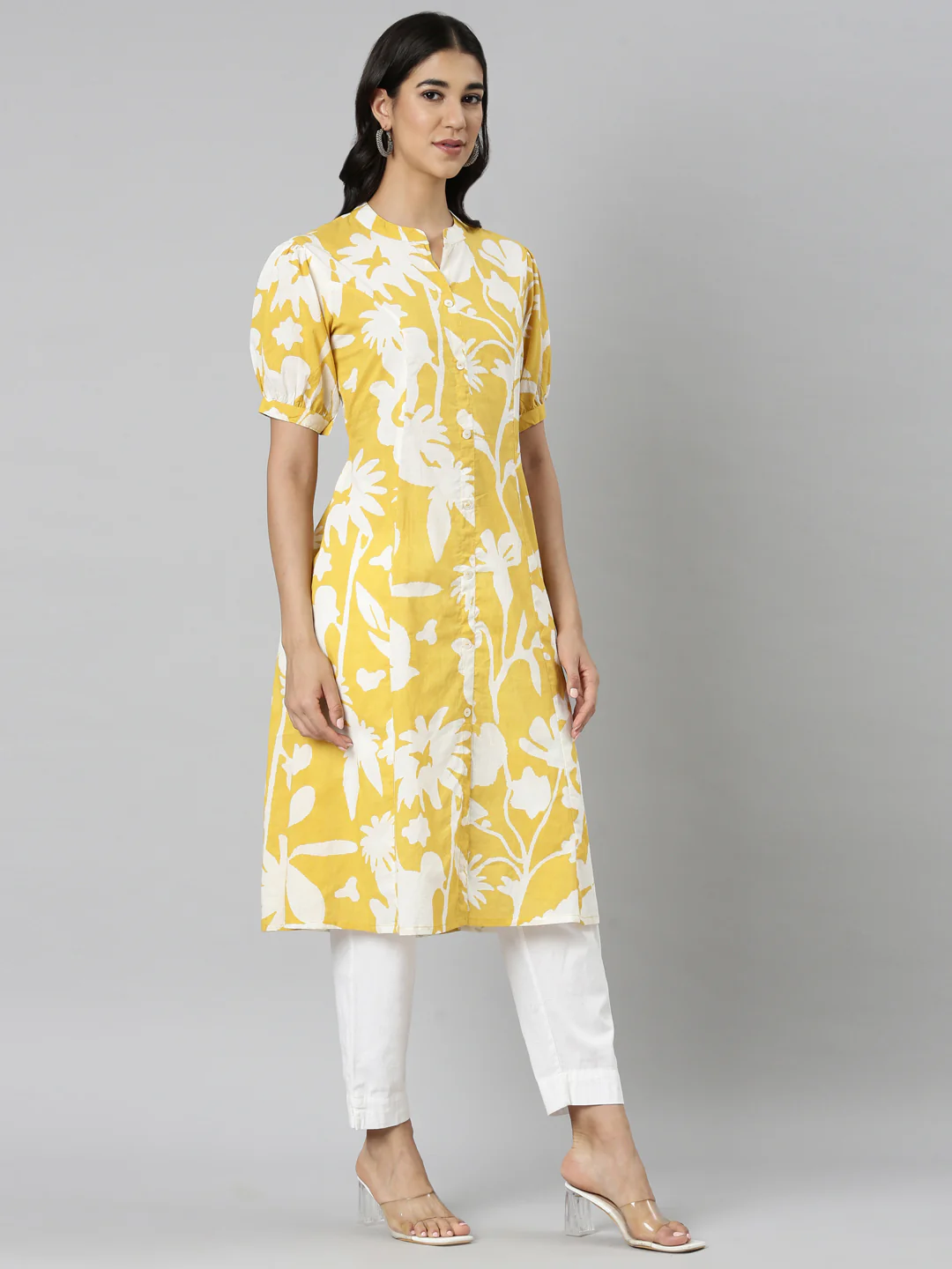 Neerus Mustard Casual Floral Straight Kurta - Image 3