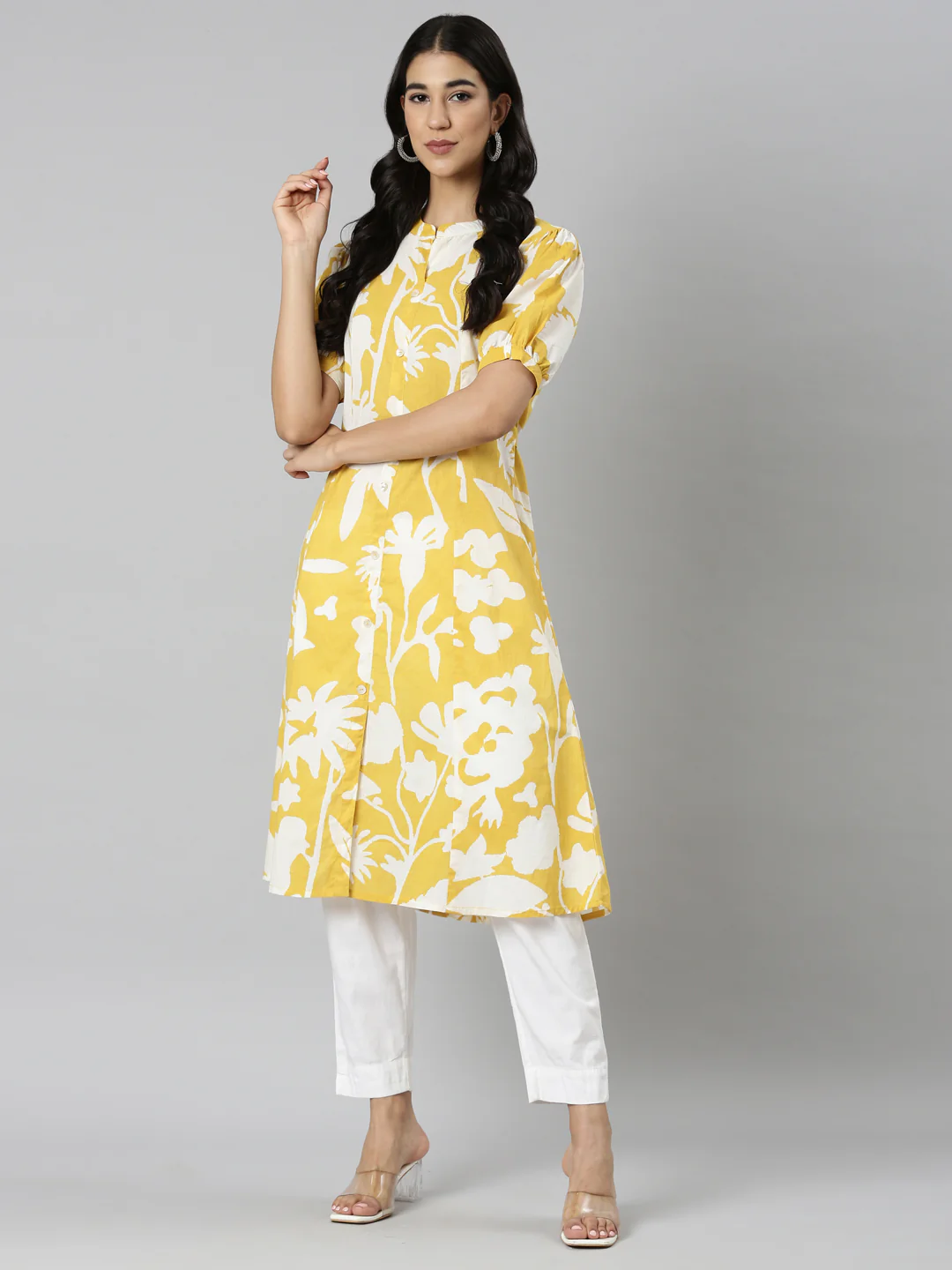 Neerus Mustard Casual Floral Straight Kurta - Image 6