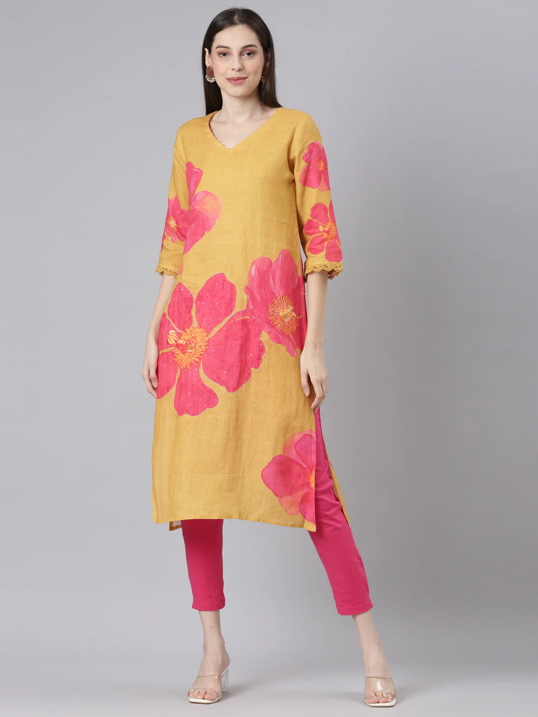 Neerus Mustard Casual Floral Straight Kurta