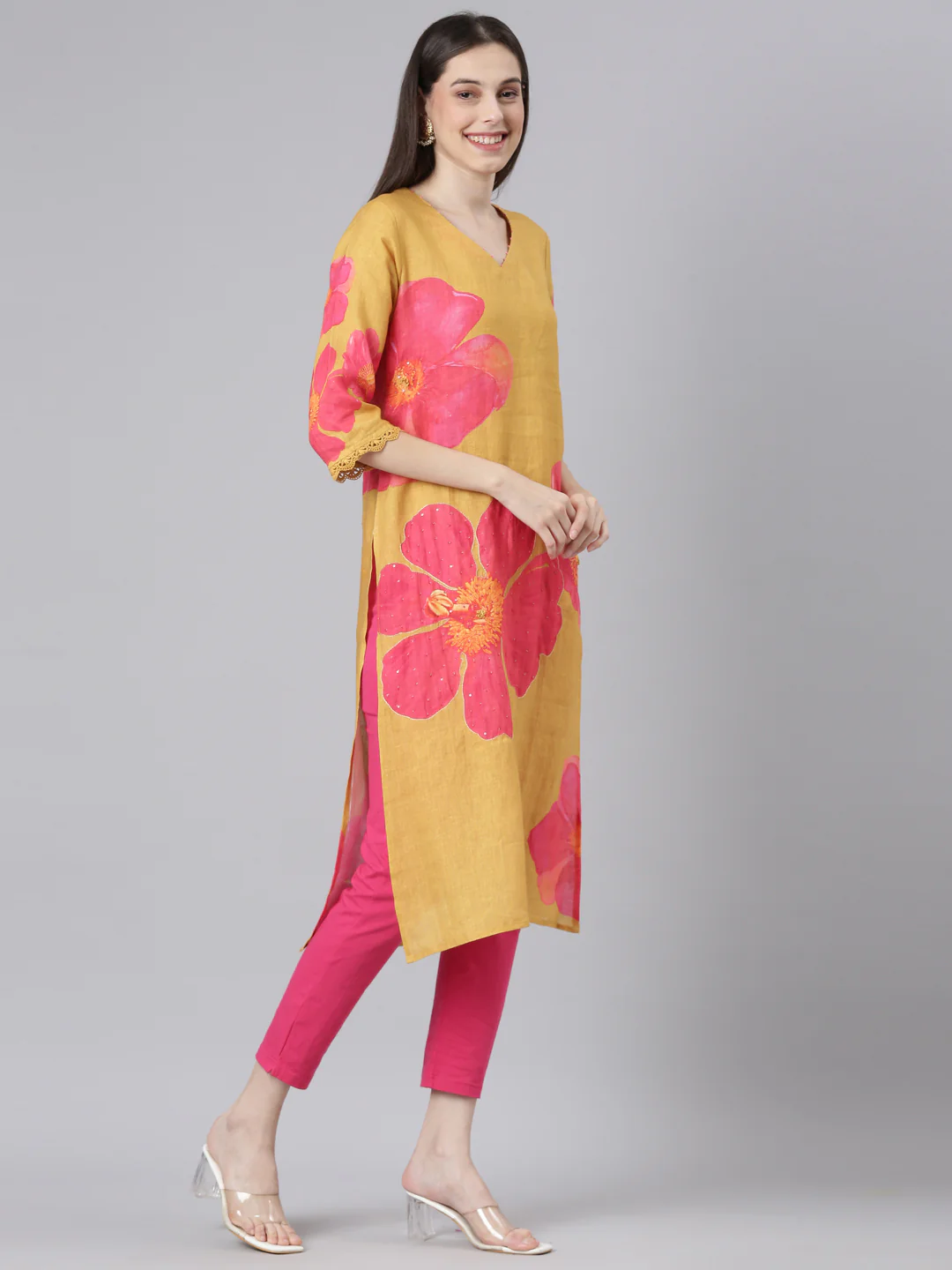 Neerus Mustard Casual Floral Straight Kurta - Image 2