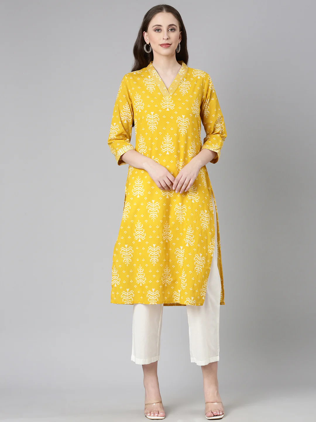 Neerus Mustard Casual Floral Straight Kurta